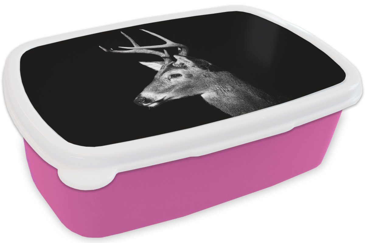 MuchoWow Lunchbox Weißwedelhirsch auf Kunststoff, (2-tlg), Snackbox, Mädchen, Hintergrund, rosa Kunststoff Erwachsene, schwarzem Brotdose Brotbox für Kinder
