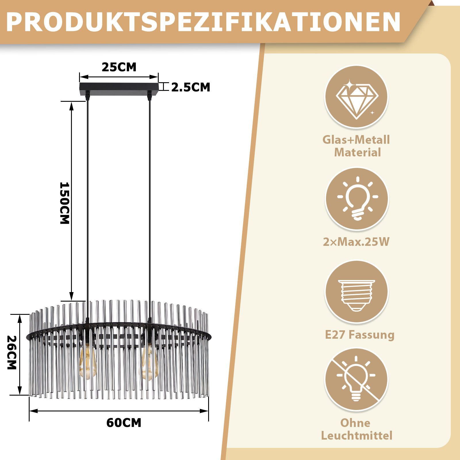 Nettlife Pendelleuchte Glas modern Schwarz/Gold 2 Flammig Hängelampe kristall Schirm 60cm E27, ohne Leuchtmittel, für esstisch esszimmer Wohnzimmer Küche – Bild 3 von 5