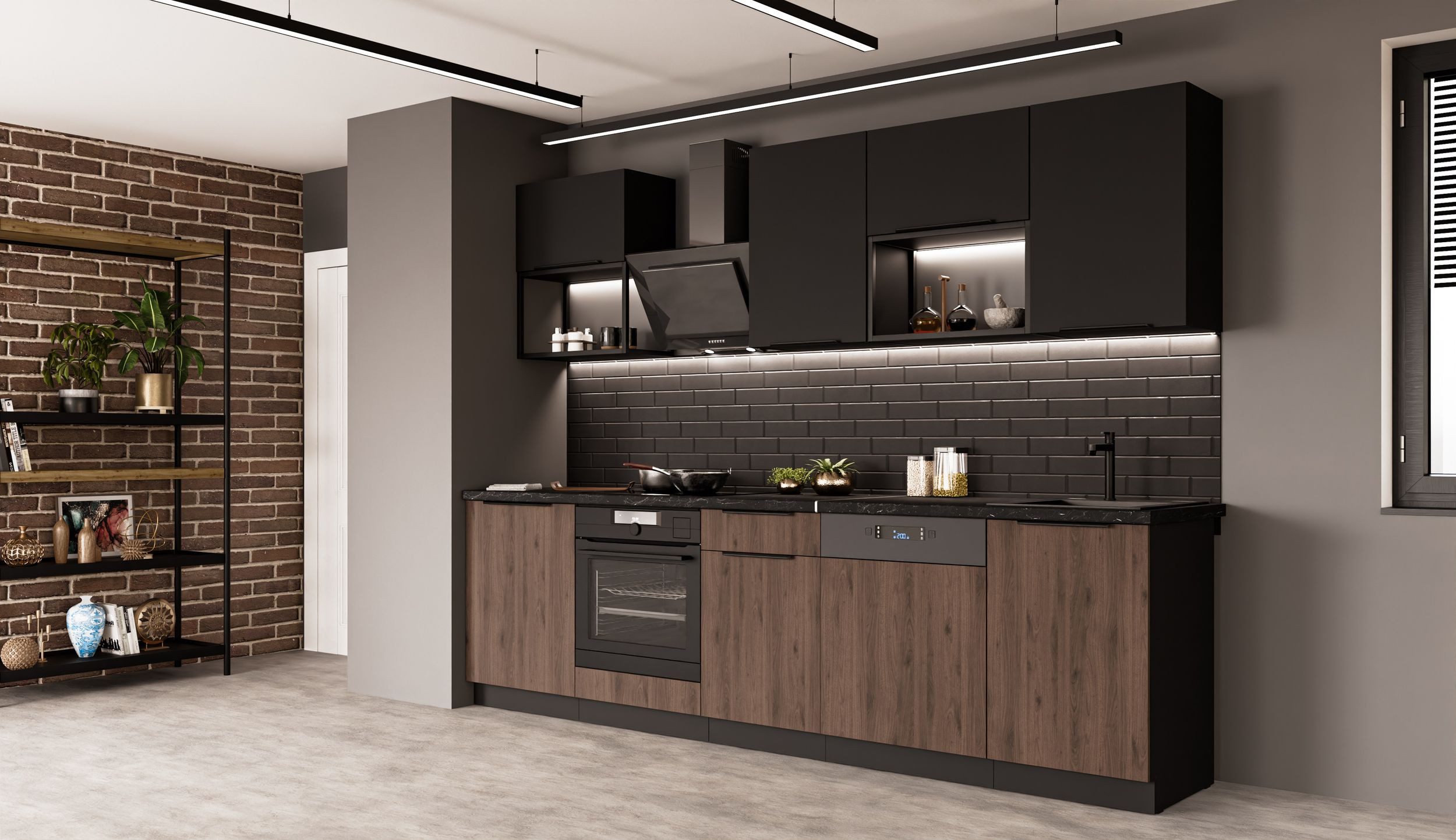 Küchen-Preisbombe Küchenzeile MONZA + SIENA BASIC LOFT 280 Küchenblock Küche Nussbaum Schwarz matt