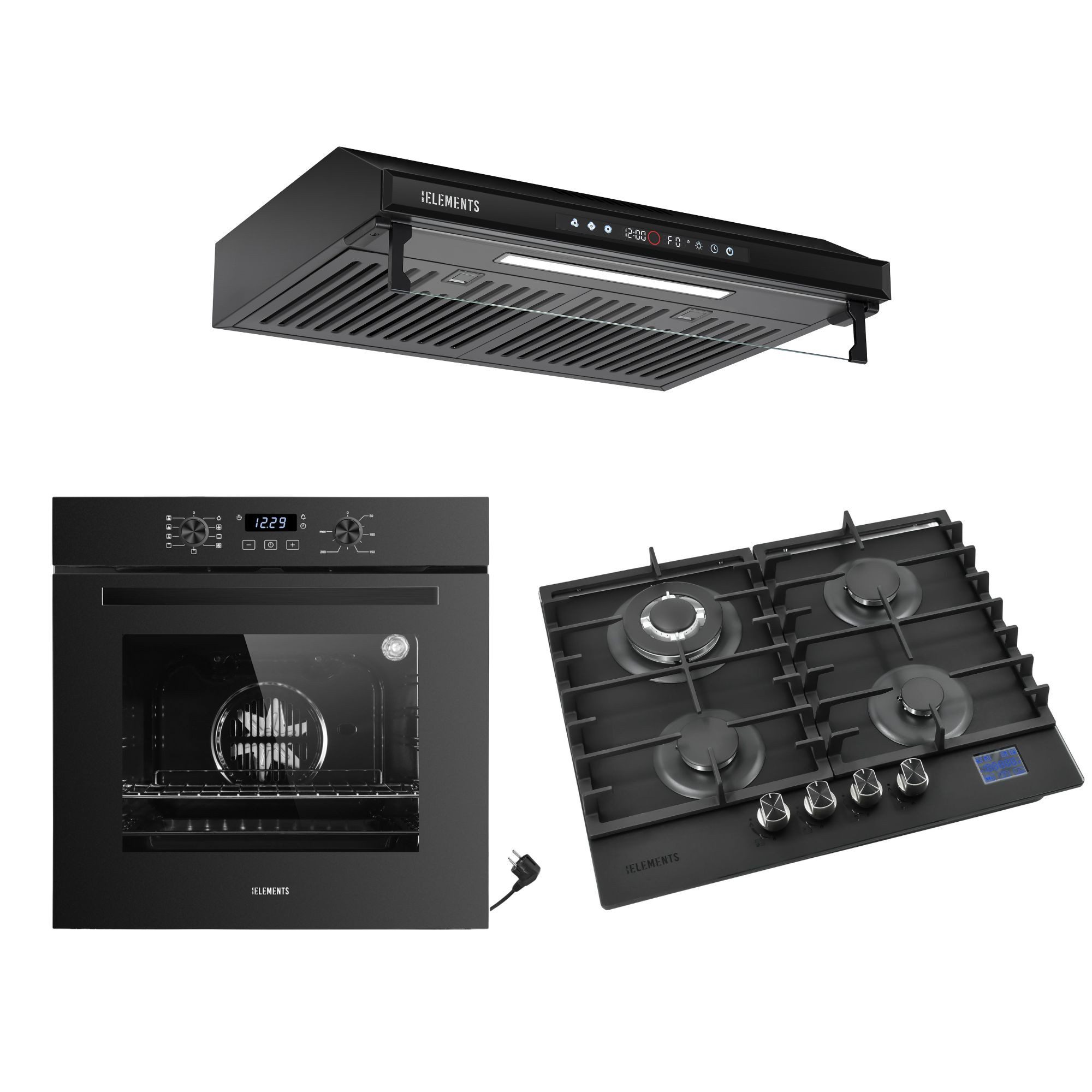 KB Elements Backofen-Set Einbaubackofen 60 cm mit Gaskochfeld 4 Flammig, Air Fry Funktion, Steam Clean, 4-Flammen-Gaskochfeld