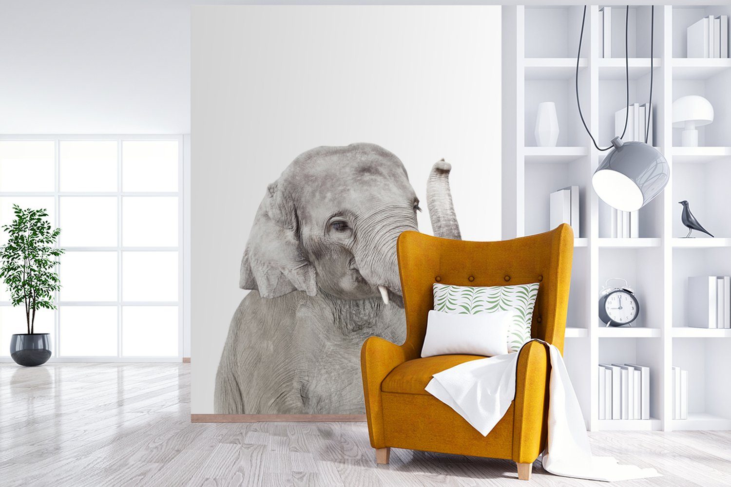 Elefant Wohnzimmer, Tiere Grau Wandtapete MuchoWow Fototapete St), Vinyl für - Montagefertig Tapete Natur, Matt, (4 - bedruckt, -