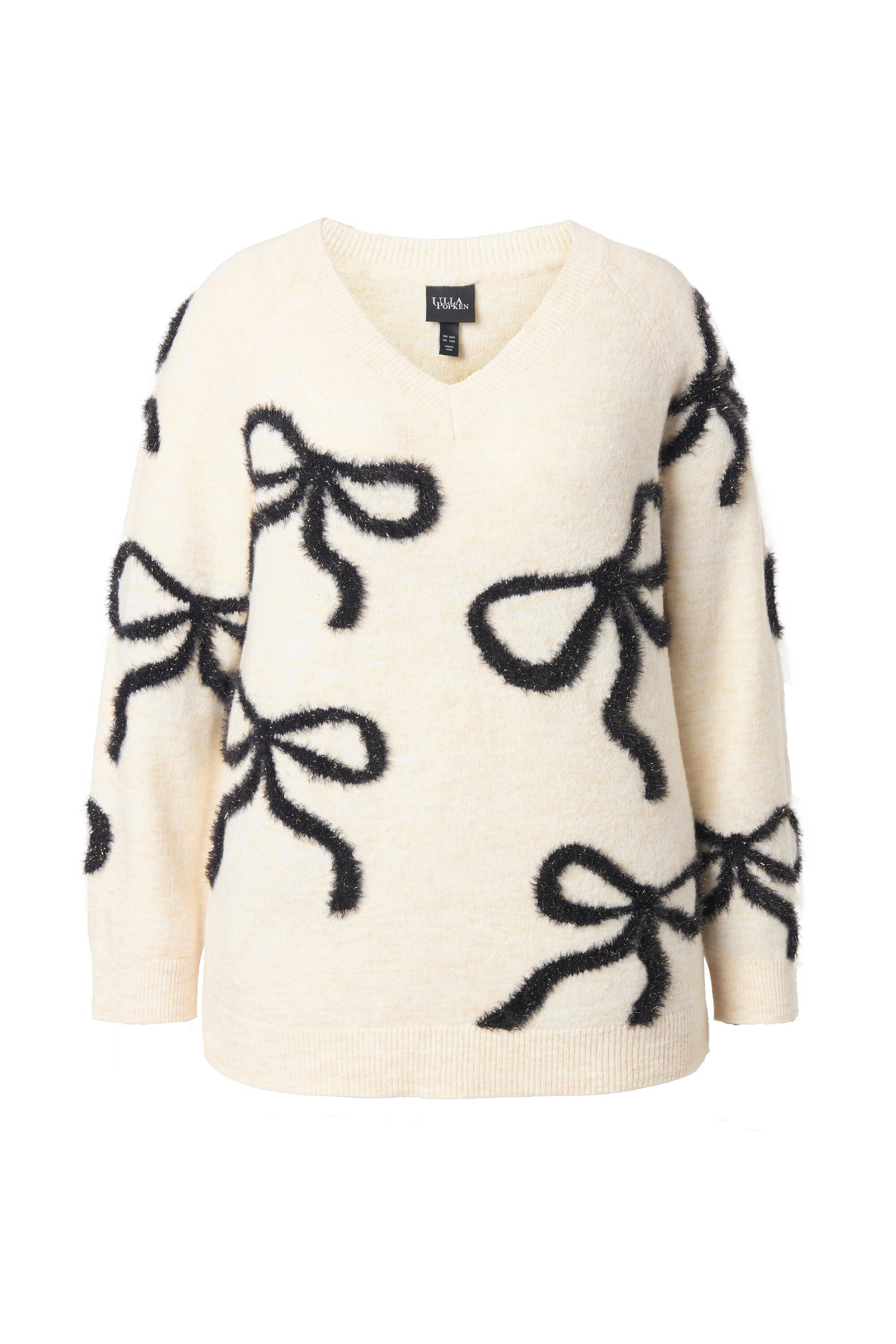 Ulla Popken Strickpullover Pullover Glitzer-Schleifen V-Ausschnitt Langarm günstig online kaufen
