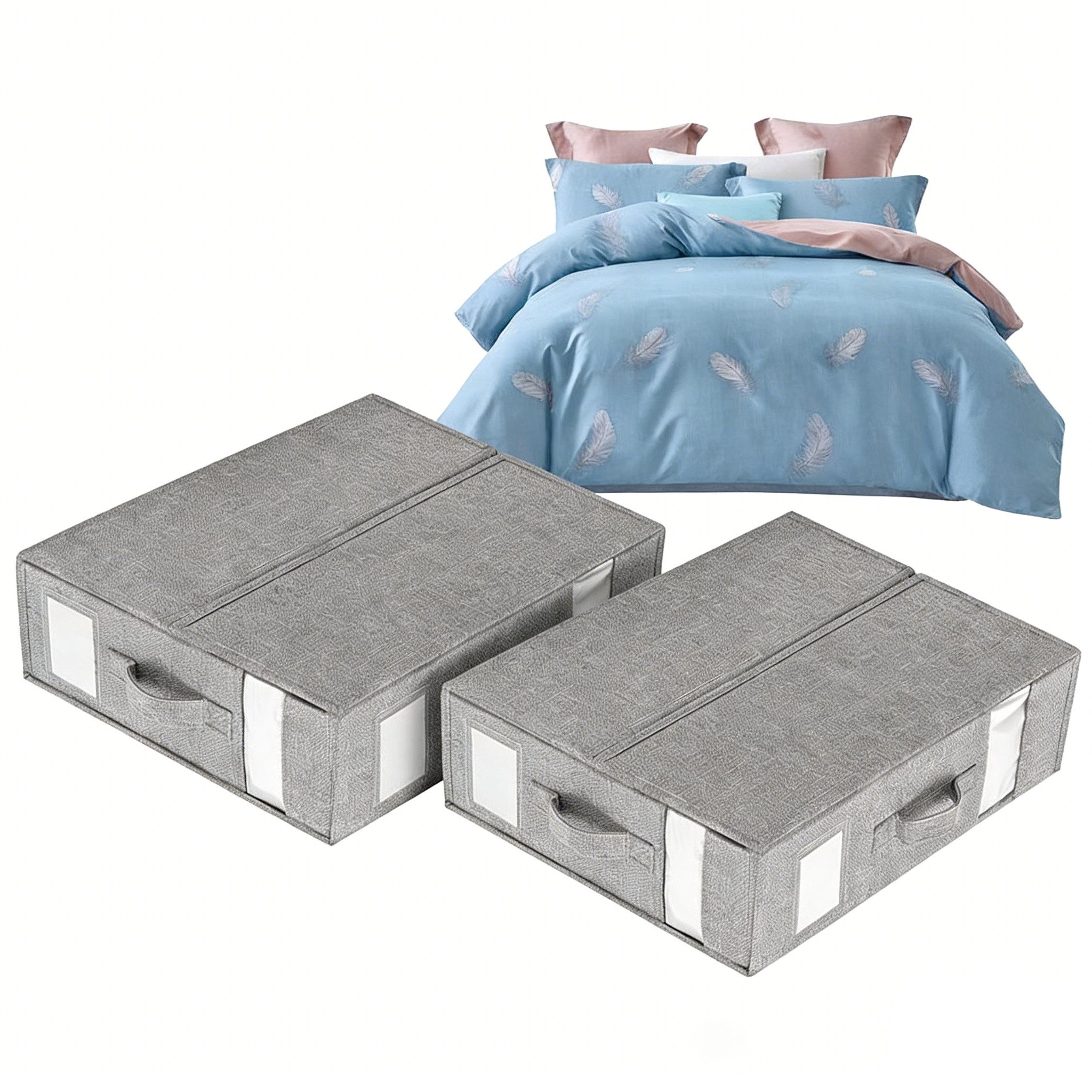 HEYHIPPO Aufbewahrungsbox 2er Set faltbare Bettlaken-Organizer,Unterbett Aufbewahrungsboxen,grau (Set, Wasserfester Unterbett-Organizer mit Reißverschluss, 38×32×11,5 cm), Leinen-Bettwäschebox mit Tragegriff, atmungsaktiv & Sichtfenster