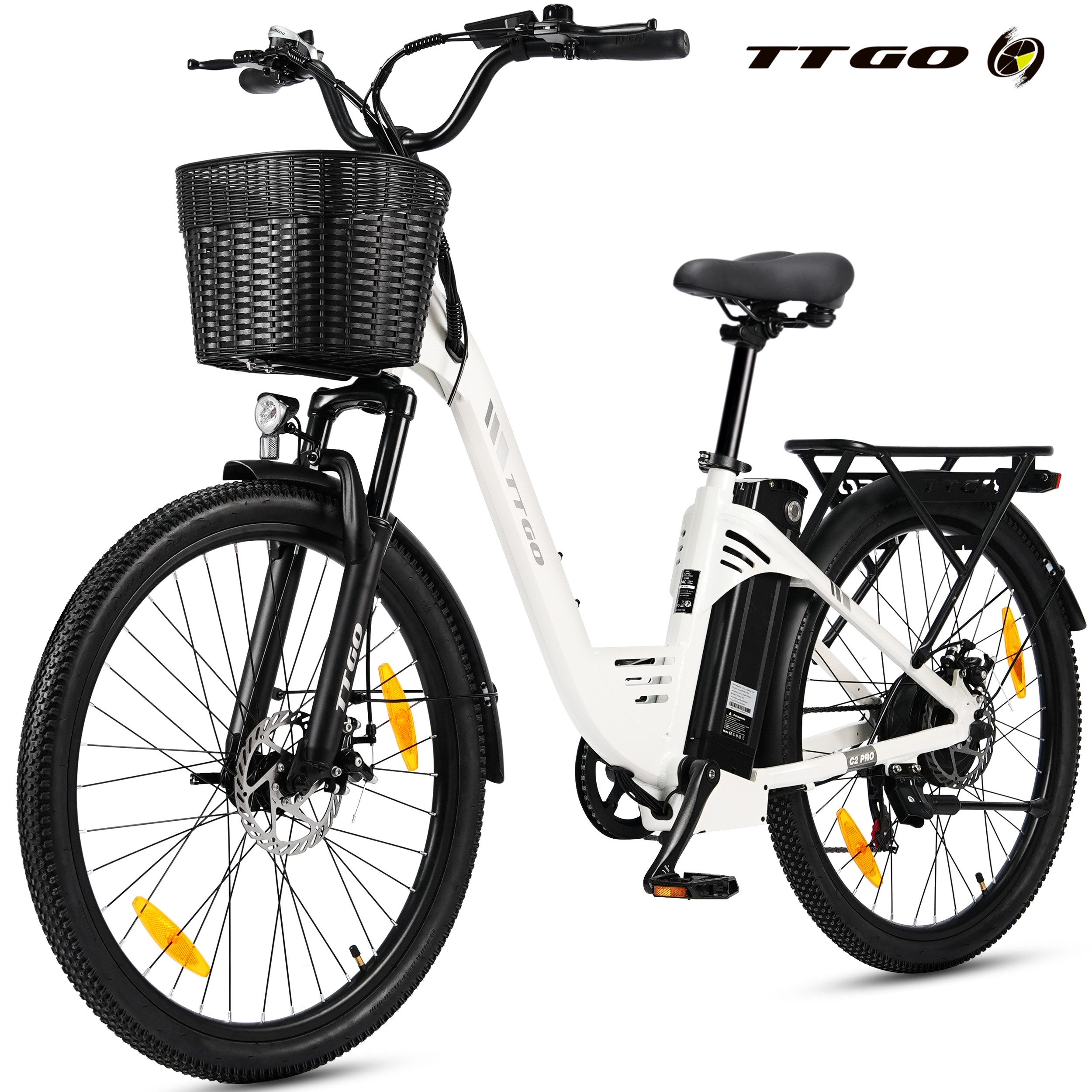TTGO E-Bike Cityrad 26 Zoll, 650Wh, 120km, Federgabel, mit Frontkorb und Gepäckträger, 7 Gang SHIMANO, Kettenschaltung, Heckmotor, 650 Wh, (5 Stufen, Pedelec, bis zu 125kg, für ca. 160–185 cm), Farbdisplay, Aluminiumrahmen, Elektrofahrrad für Damen Herren