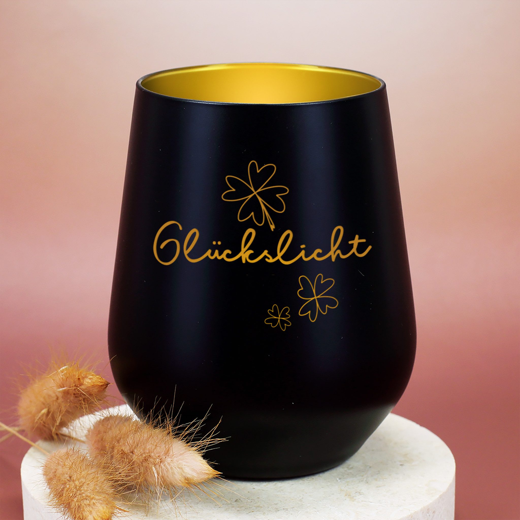 Herz & Heim Windlicht graviert mit Motiv "Glückslicht" - Teelicht als Dekoration mit Gravur, aus Glas
