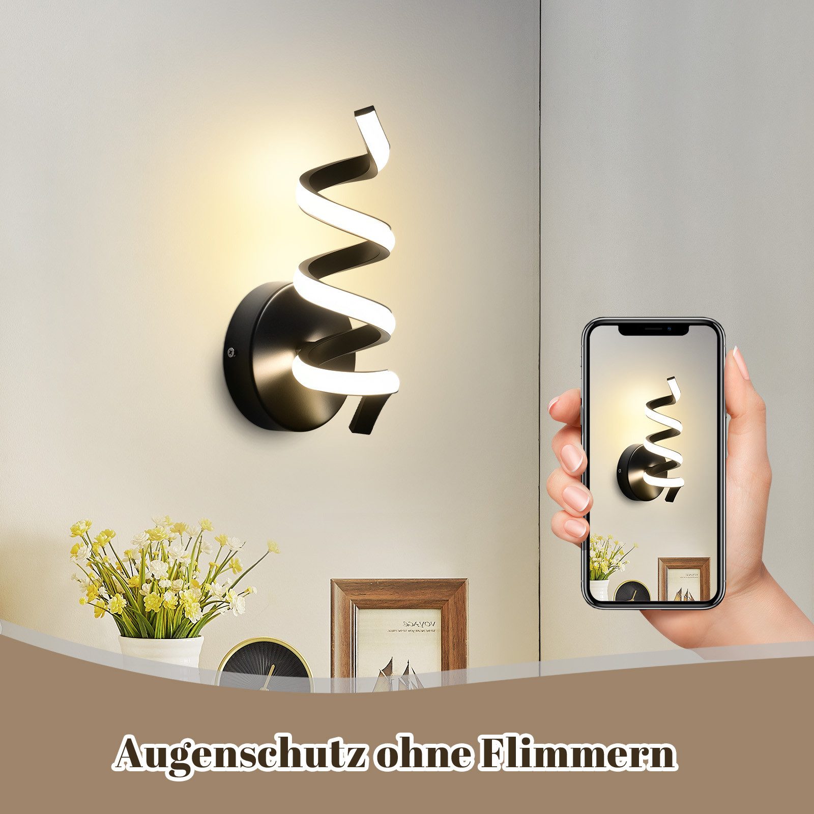 ZMH LED Wandleuchte Innen Schwarz/Weiß Wandlampe Modern 7W Warmweiß Wohnzimmer, Augenschutz, Einfache Installtion, LED fest integriert, 3000K, Treppenhaus Flur Wohnzimmer Wand Lampe