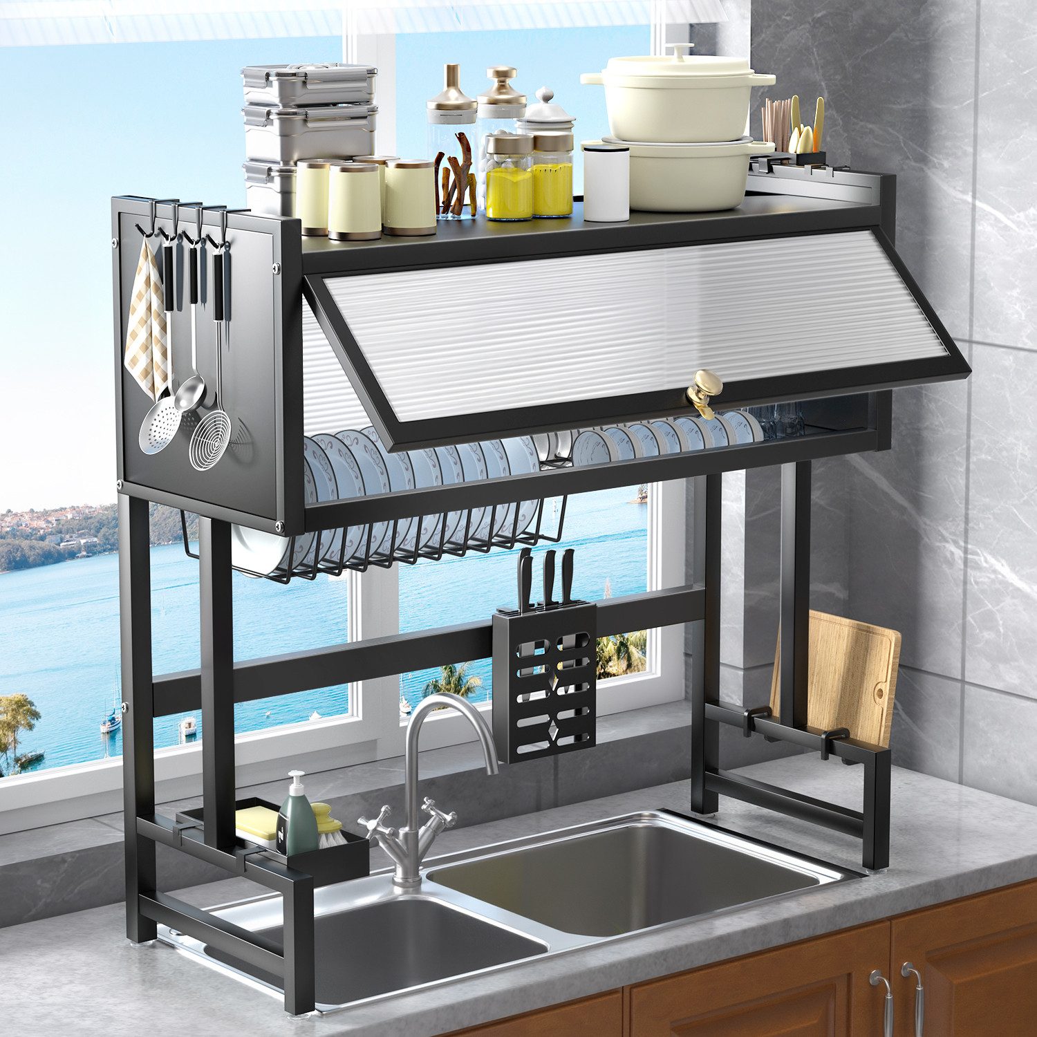 oyajia Geschirrständer Geschirrständer über Spüle mit Tür, 2-Stöckig aus Karbonstahl, Küchenregal mit Schiebetür, Haken & Ablagekorb, Rostfrei Schwarz
