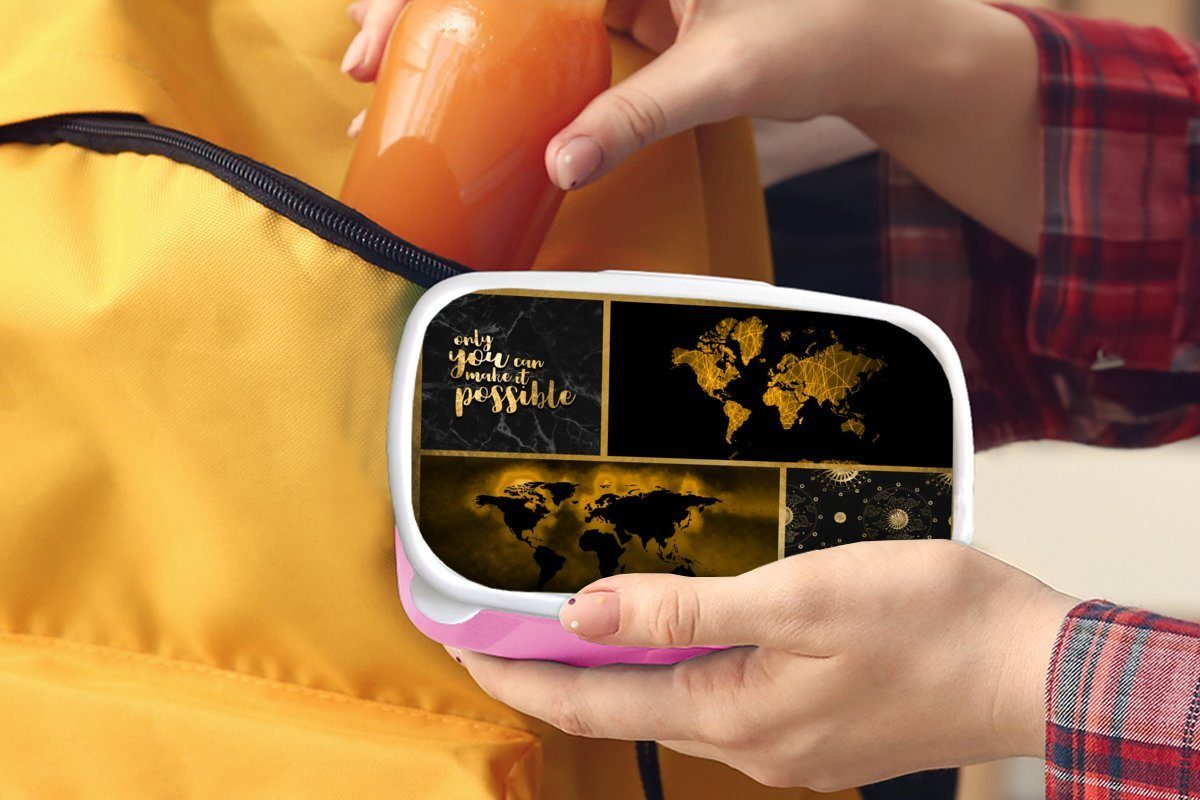 rosa Luxus für Kunststoff Collage - Weltkarte - MuchoWow Lunchbox Brotbox Brotdose Gold, Snackbox, Kinder, - Kunststoff, (2-tlg), Mädchen, Erwachsene,