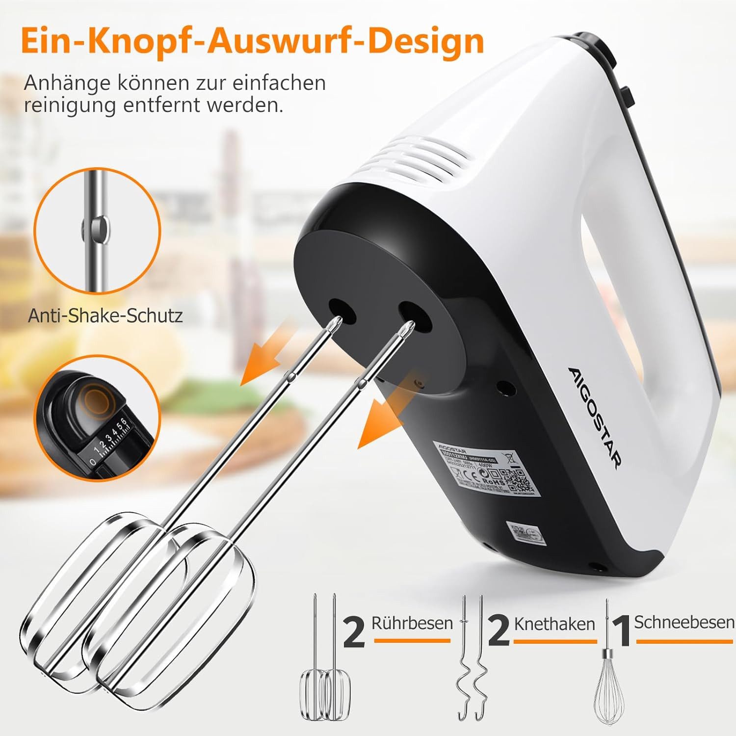 Aigostar Handmixer Handrührer mit Aufbewahrungskoffer, 6-Gang-Turbolader, 304 Edelstahl, 400,00 W, Einstellbare Drehzahl, Schnelle Wärmeableitung, Überhitzungss – Bild 5 von 5