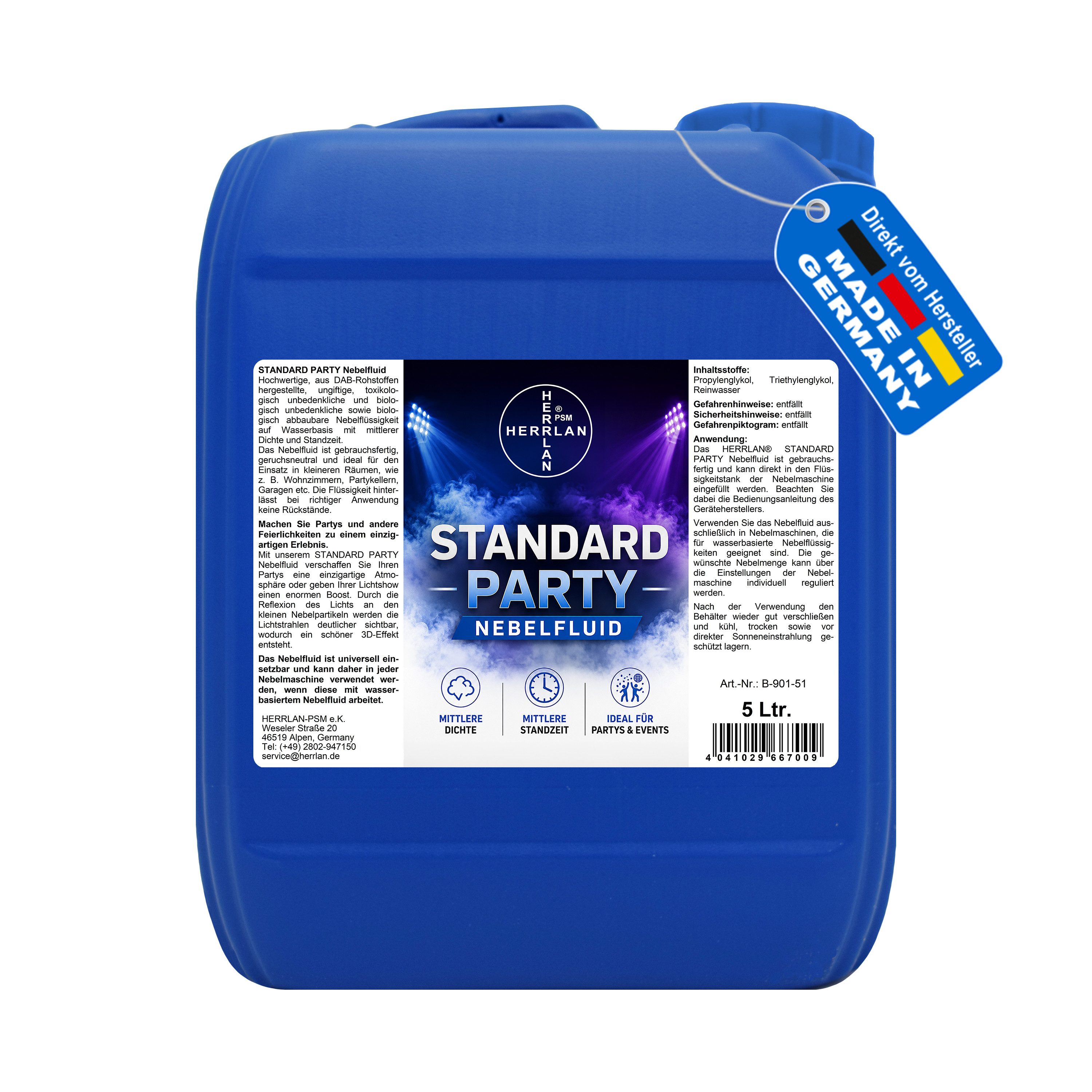 HERRLAN Discolicht STANDARD PARTY Nebelfluid universelle wasserbasierte Nebelflüssigkeit, 5 Liter, mit mittlerer Dichte und Standzeit