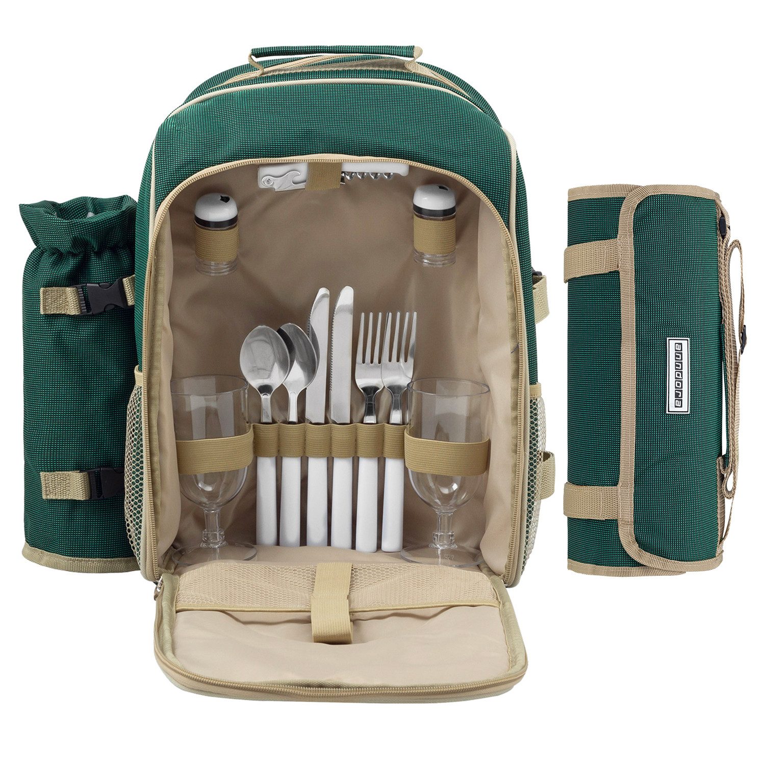 anndora Picknickkorb Picknickrucksack + Zubehör 15 teilig für 2 Personen, für 2 Personen - mit isoliertem Hauptfach - mit Picknickdecke
