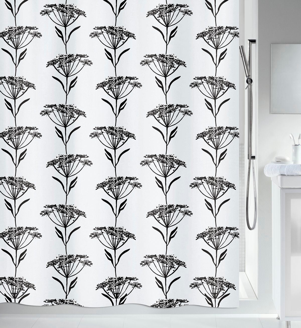 spirella Duschvorhang NATURESIGN Breite 180 cm, Premium Textil-Duschvorhang, 100% Polyester, wasserabweisend, Anti-Schimmel-Effekt, waschbar 40°, Natur Motiv Blütenstand, Farbe schwarz/weiß, Größe 180 x 200 cm