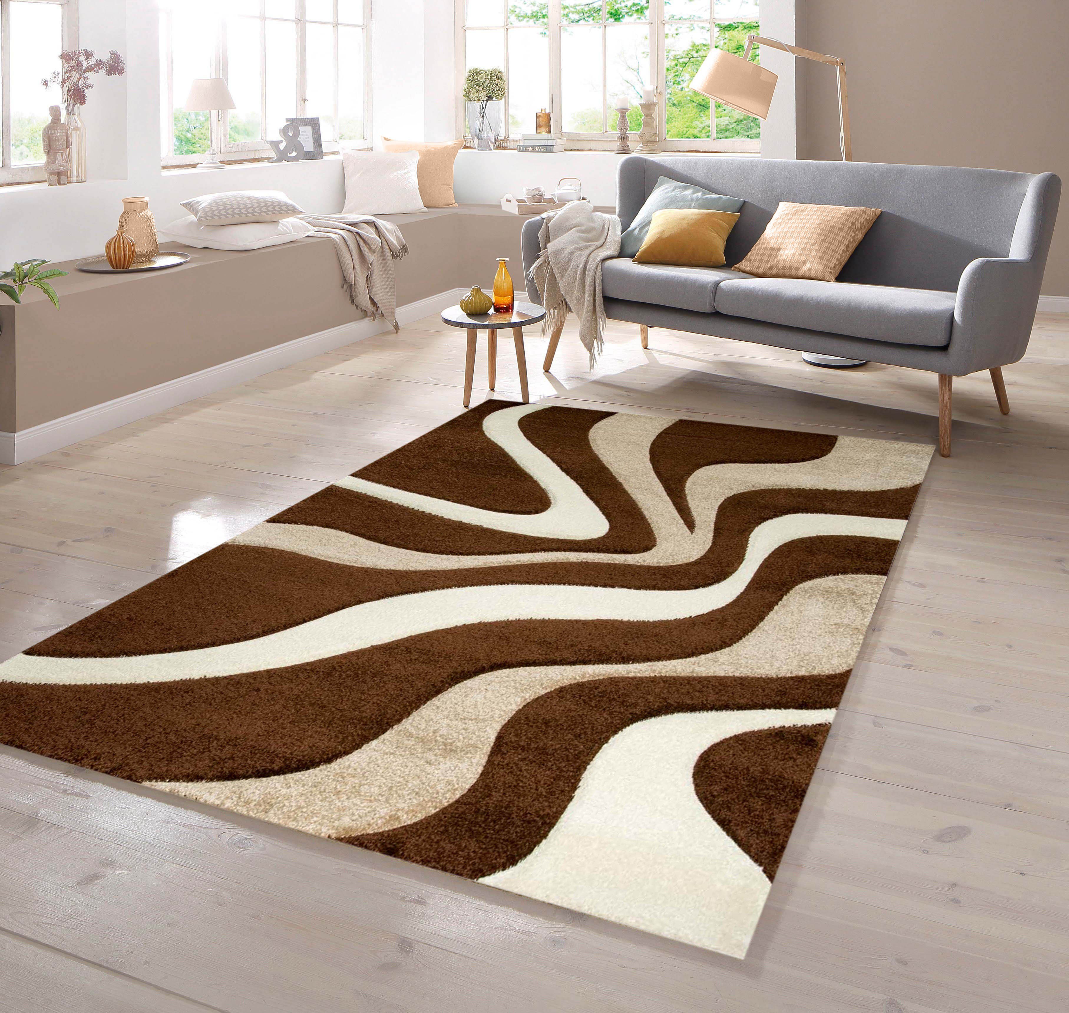 TeppichHome24 Teppich Designer Teppich mit Konturenschnitt Wellenmuster Braun Weiss, rechteckig
