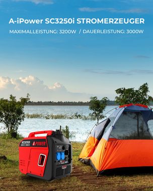 A-iPower Stromerzeuger SC3250i, 3,20 in kW, (Benzin Stromgenerator Generator Notstromaggregat 4-Takt Motor Stromerzeuger Leise 65 dB Generator), mit 230V Steckdosen und USB
