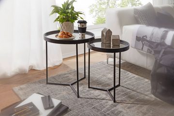 möbelando Satztisch Design Beistelltisch Rund Ø 50/36 cm - 2 teilig, Design Beistelltisch Rund Ø 50/36 cm - 2 teilig Schwarz mit Spiegel Glasplatte, Wohnzimmertisch 2er Set, Satztisch verspiegelt, Couchtisch