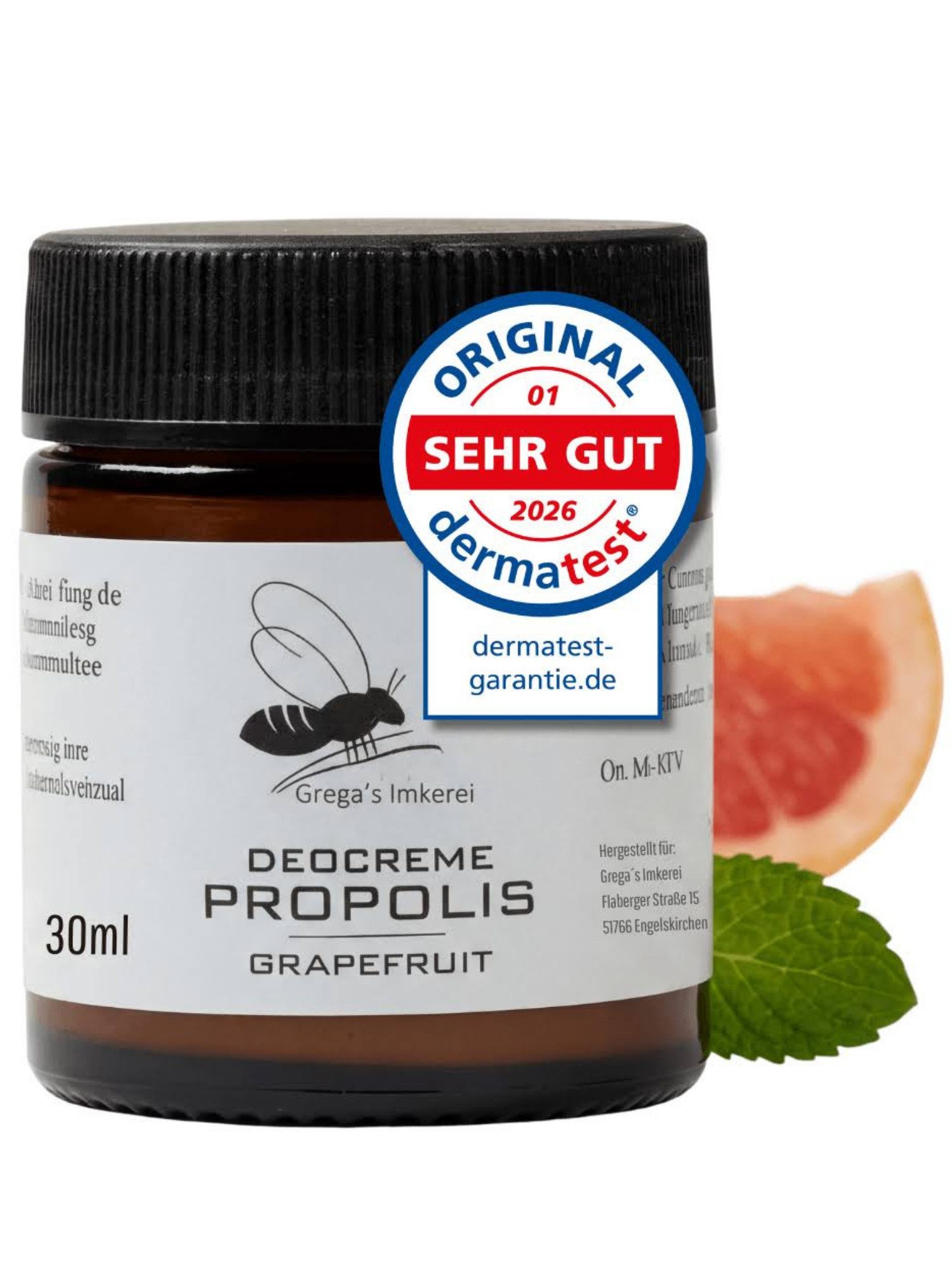 Grega´s Imkerei Deo-Creme Propolis Deocreme Grapefruit 30ml, Derma Test "Sehr gut" 2026, Im Glastigel Handgefertigt in Deutschland, 1-tlg., Zertifiziertes Naturprodukt ohne Aluminium