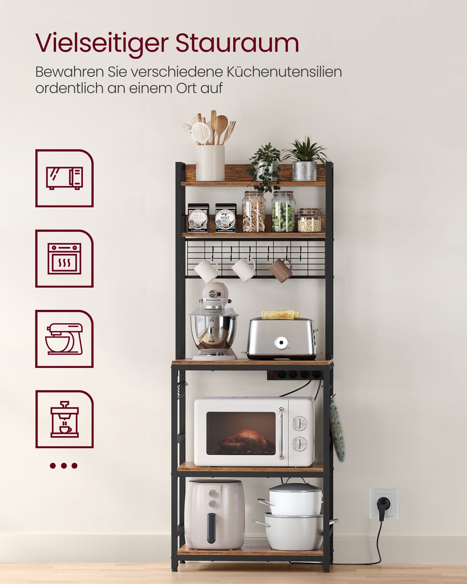 VASAGLE Standregal, Küchenregal mit Steckdosen, vintagebraun-schwarz Haken, 60 x 170 cm x 40 14