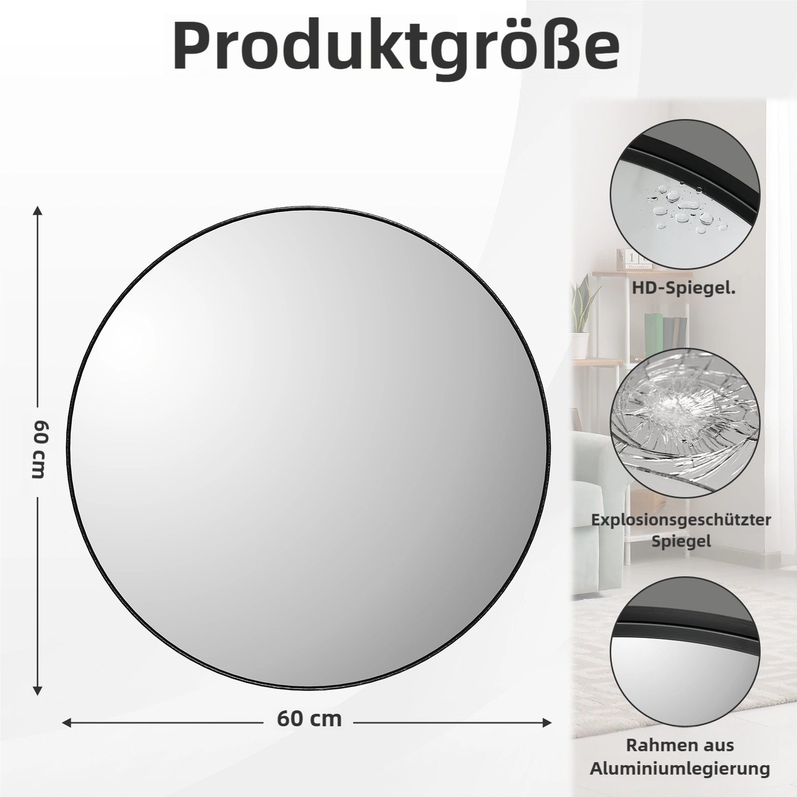 TLGREEN Wandspiegel Rundspiegel,Ø60/80cm Runder Badspiegel, (Wandspiegel Rund mit Schwarz gebürstetes Metall Rahmen), für Badezimmer,für Badezimmer Schlafzimmer – Bild 3 von 5