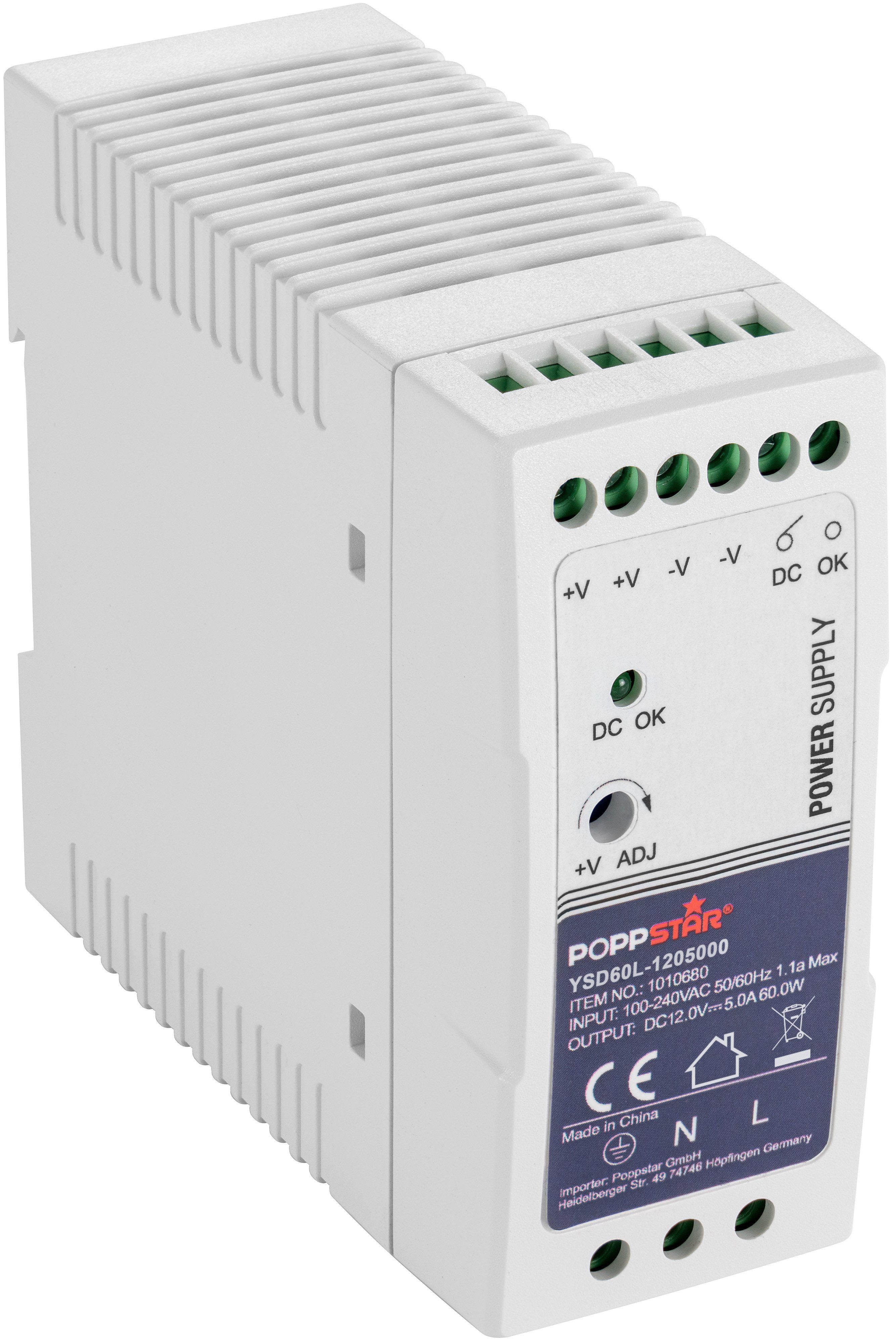 Poppstar Ultra-Slim Netzteil für Hutschiene 12V DC 5 A 60W Hutschienen-Netzteil (DIN Rail Netzteil 60 W / Trafo für Hutschienen 40x100x92mm)