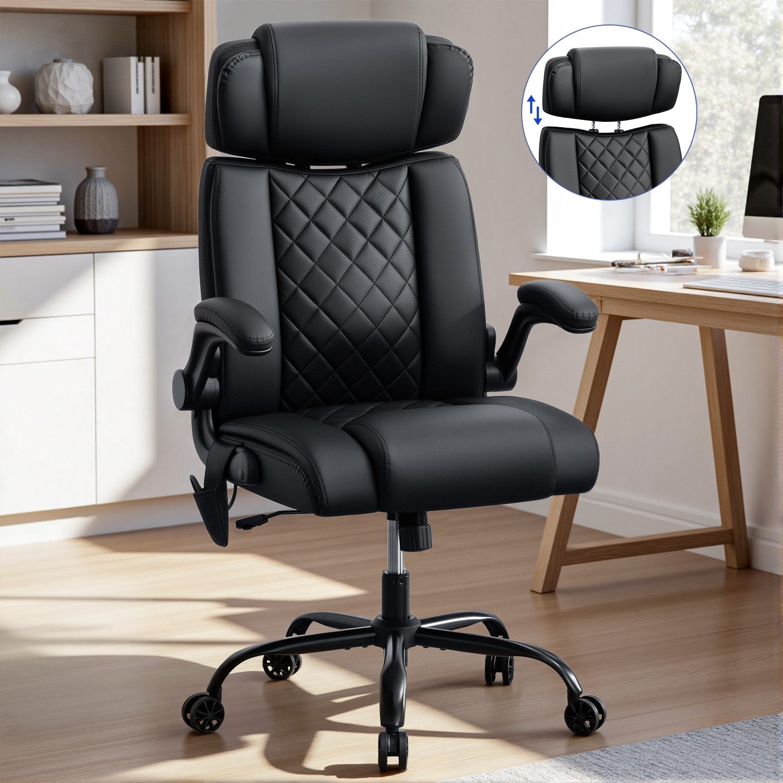 Insma Bürostuhl Ergonomischer Bürostuhl Gaming-Stuhl Drehstuhl Chefsessel Kunstleder (mit hochklappbare Armlehnen, hoher Rückenlehne und Lendenstütze), höhenverstellbare Kopfstütze, belastbar bis 200kg