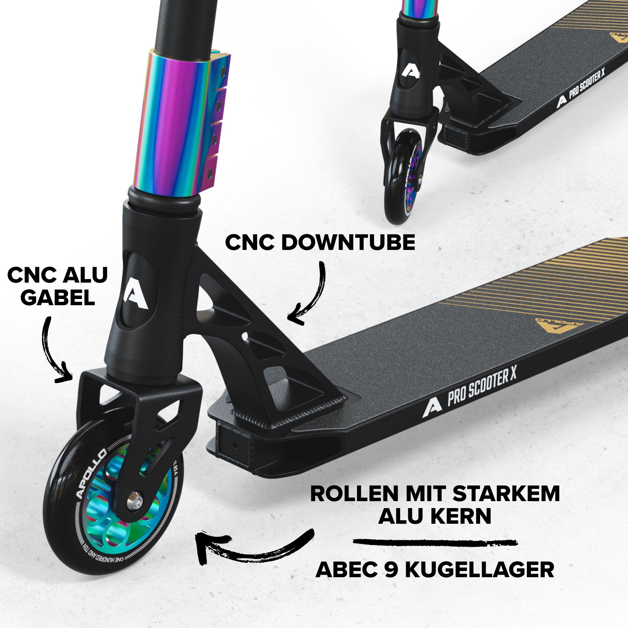 Apollo Stuntscooter Stunt Scooter Genesis X Pro - High End Stuntscooter, Profi Trick Roller mit 120mm Alu Core Wheels Kickscooter