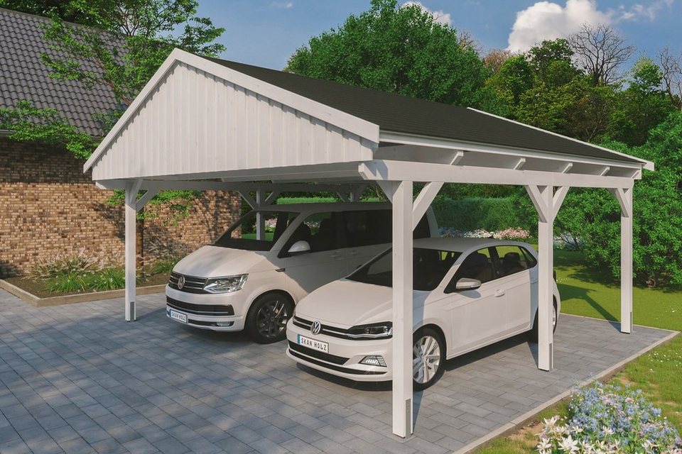 Skanholz Doppelcarport Fichtelberg, BxT: 618x566 cm, 574 cm Einfahrtshöhe,  mit schwarzen Schindeln, Satteldach-Carport, farblich behandelt in weiß