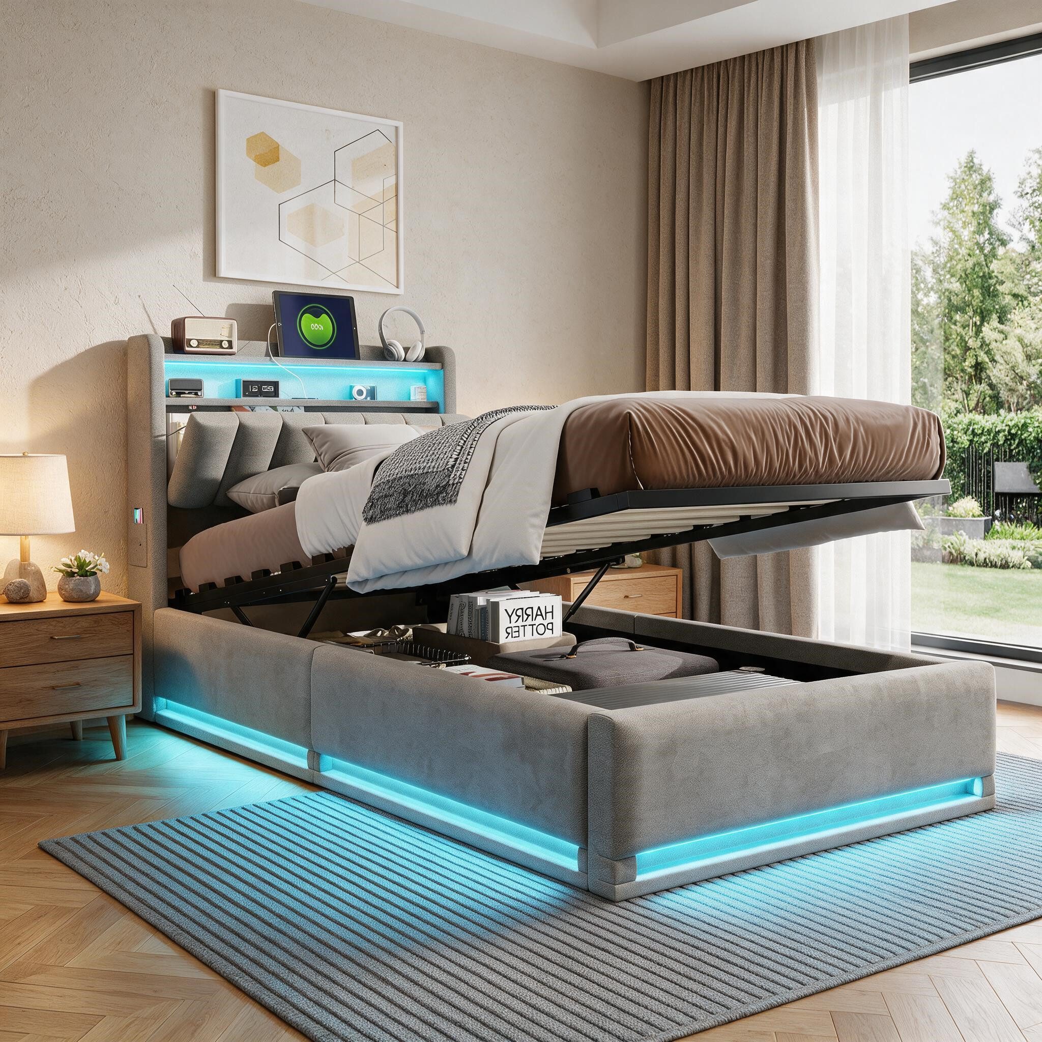 Simurq Stauraumbett Einzel‑Bettkasten 90x200, gepolstert aus Samt, mit Stauraum, LED, USB – Bild 2 von 5