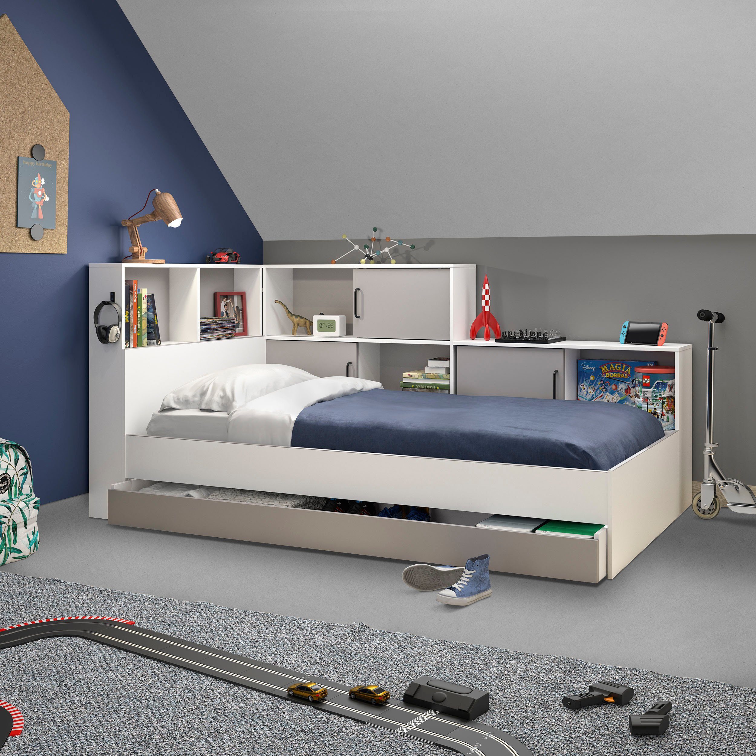 Gami Stauraumbett "Erwan", viel Stauraum, Made in France, verschiedene Farben (B/H/T ca. 220cmx104x120cm), mit großer Schublade, viele Regale und Ablagefächer