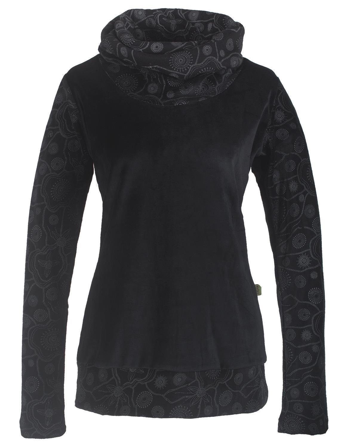Vishes Sweater Rollkragen Samtpullover Sweater Hippie, schwarz aus bedruckt Boho Goa, Baumwolle Style