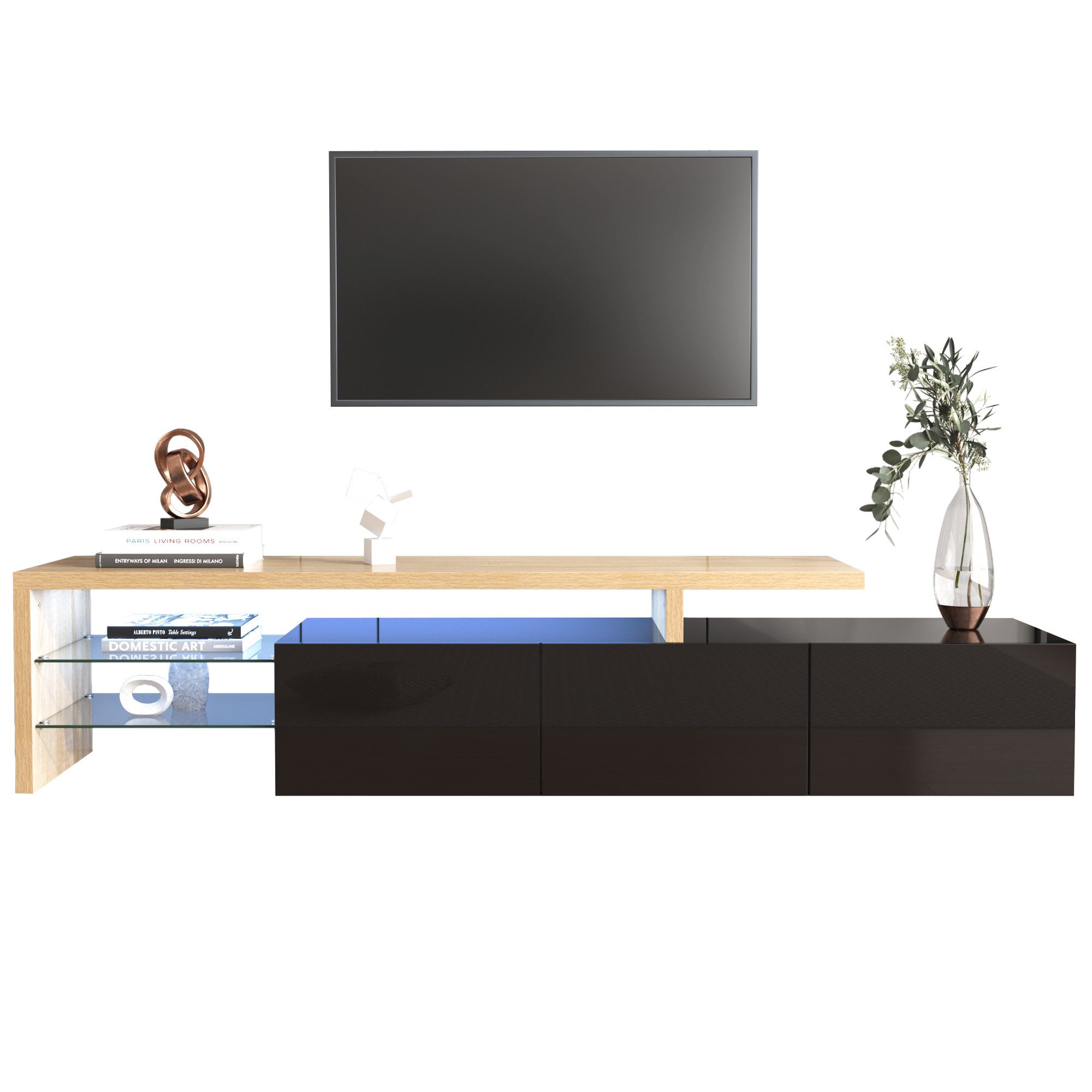 Merax Lowboard, mit Glasablgen und LED-Beleuchtung, Fernsehtisch Hochglanz, TV-Schrank