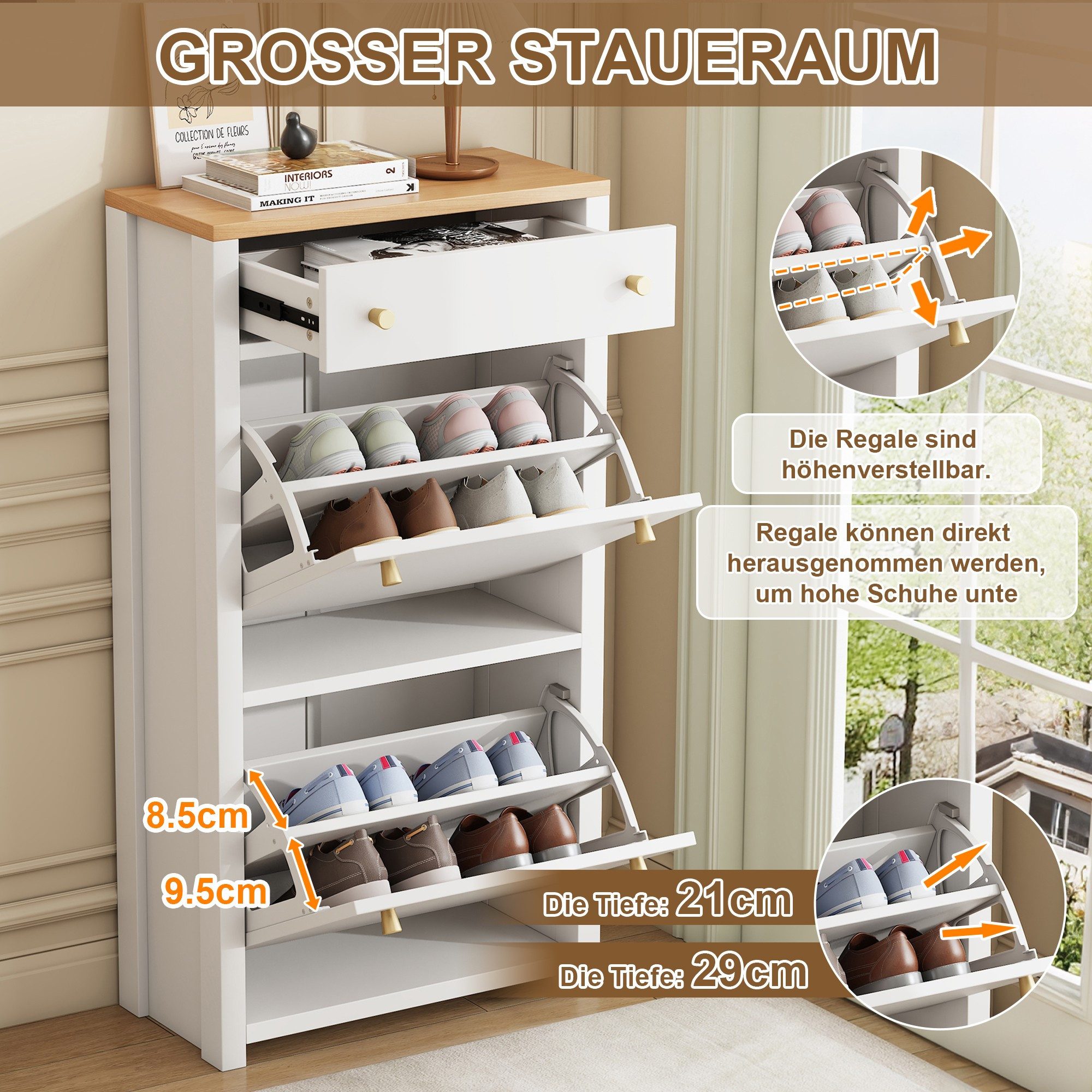 BlingBin Schuhschrank Schuhkipper mit Schublade und 2 Klappen, Flurmöbel (Schuhkommoden, 1-St., 50x25x95 cm) schmaler Schuhschränke mit verstellbaren Einlegeböden, Dielenmöbel