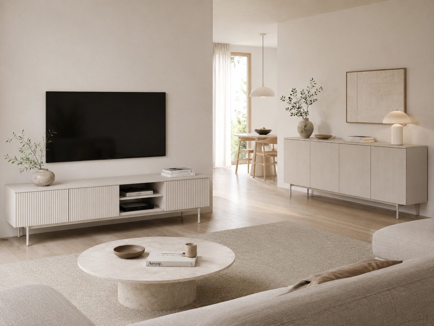 Beautysofa Wohnzimmer-Set SOFT Wohnwand in Kaschmir, (Push-to-Open, Moderne Wohnzimmermöbel, 2-teilig – TV-Schrank Lowboard 200 cm + Kommode Sideboard 200 cm), TV-Möbel Set mit Rillenfronten