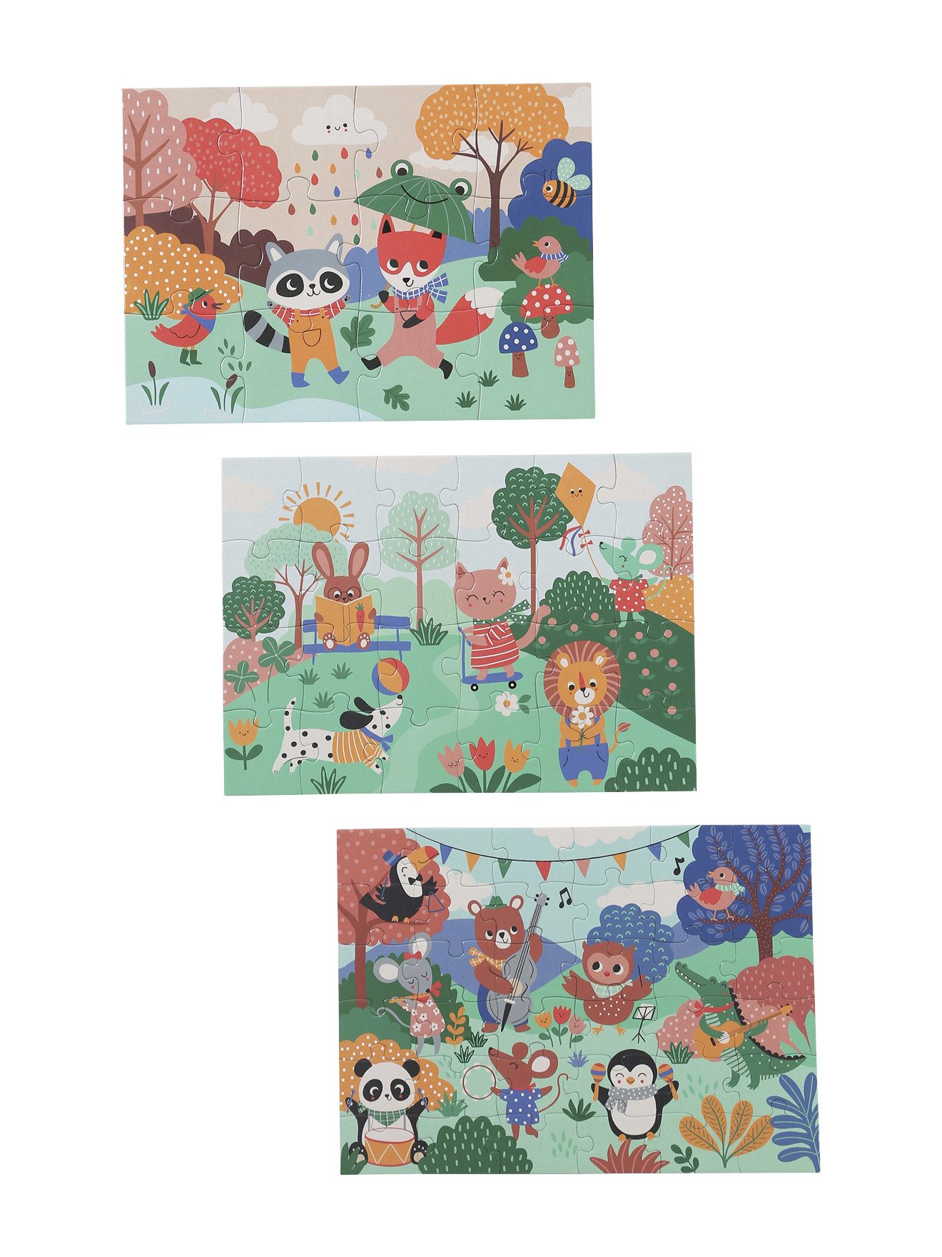 vertbaudet Puzzle 3er-Set Kinder Puzzles HAPPY ANIMALS, 12-36 Teile, Puzzleteile