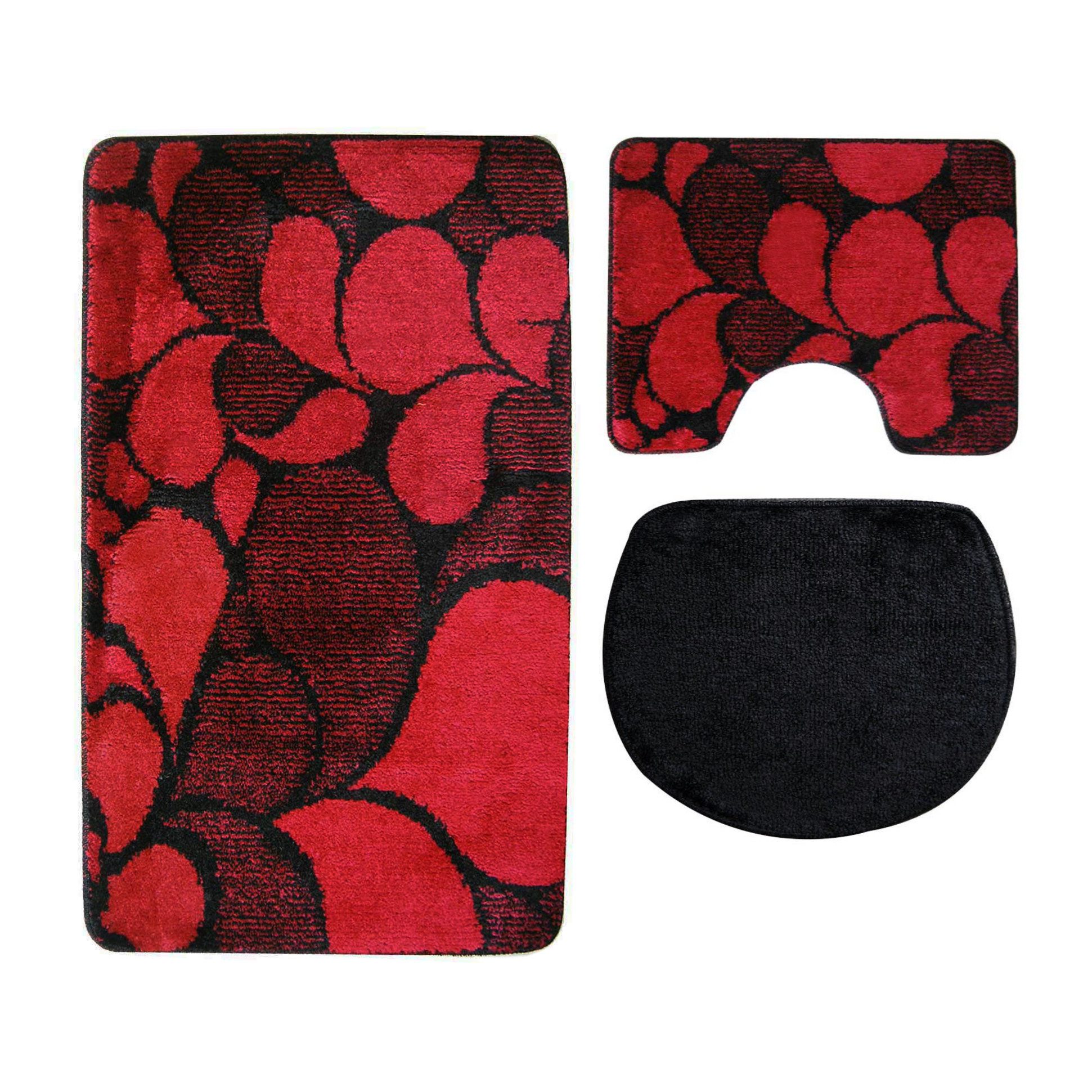 ROLFNERS Badematte 3 tlg Badematte Badezimmerteppich Badteppich Set Rot, Weicher Flor, Rutschfest, Schnell Trocknend, Fußbodenheizungsgeeignet, Polypropylen, Florhöhe ca. 15 mm, Waschbar bis max. 30°C