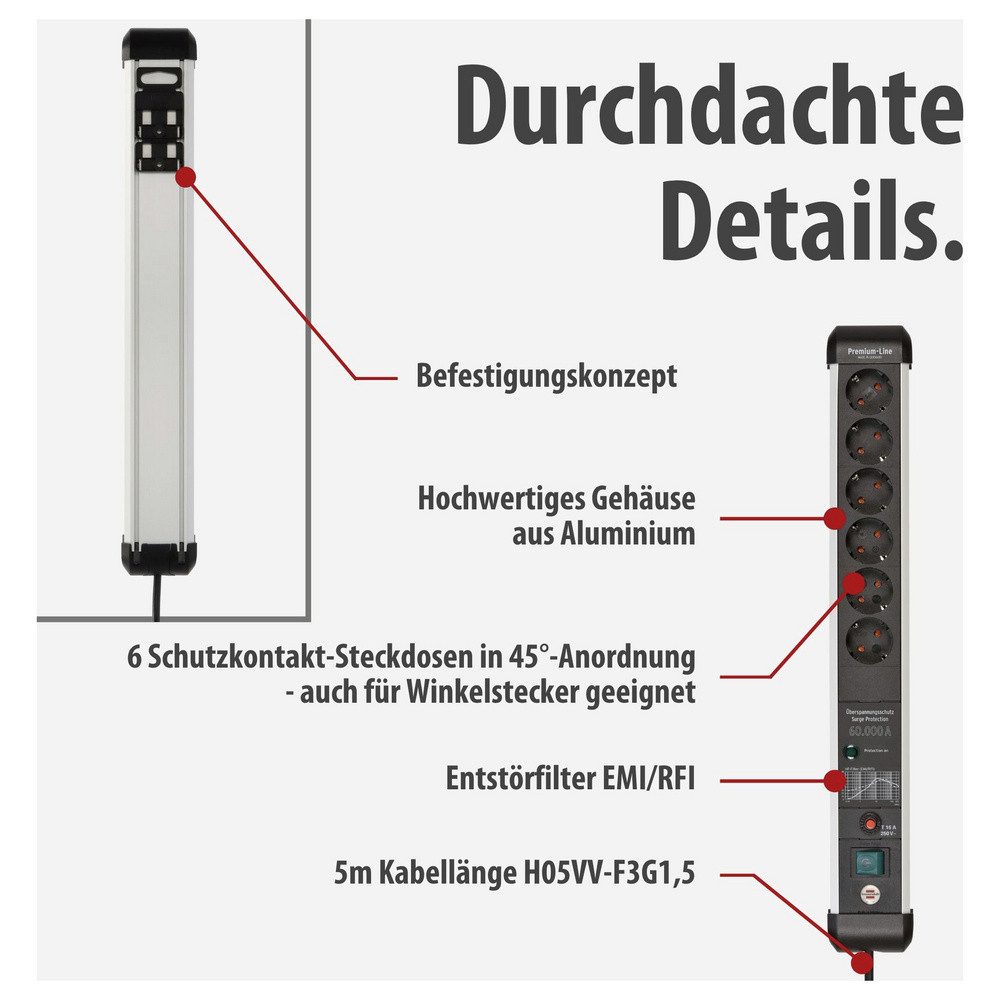 Brennenstuhl Brennenstuhl 1391010601 Überspannungsschutz-Steckdosenleiste Silber, Steckdosenleiste (Kabellänge 5.00 m) – Bild 2 von 5