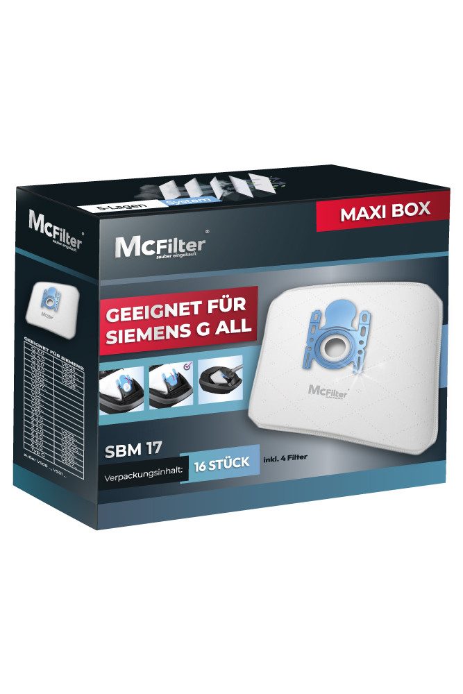 McFilter Staubsaugerbeutel 16 Stück, passend für Siemens VS06A111, VSP3T212 Staubsauger IQ 300, 16 St., 5-lagiger Staubbeutel mit Hygieneverschluss, inkl. Filter