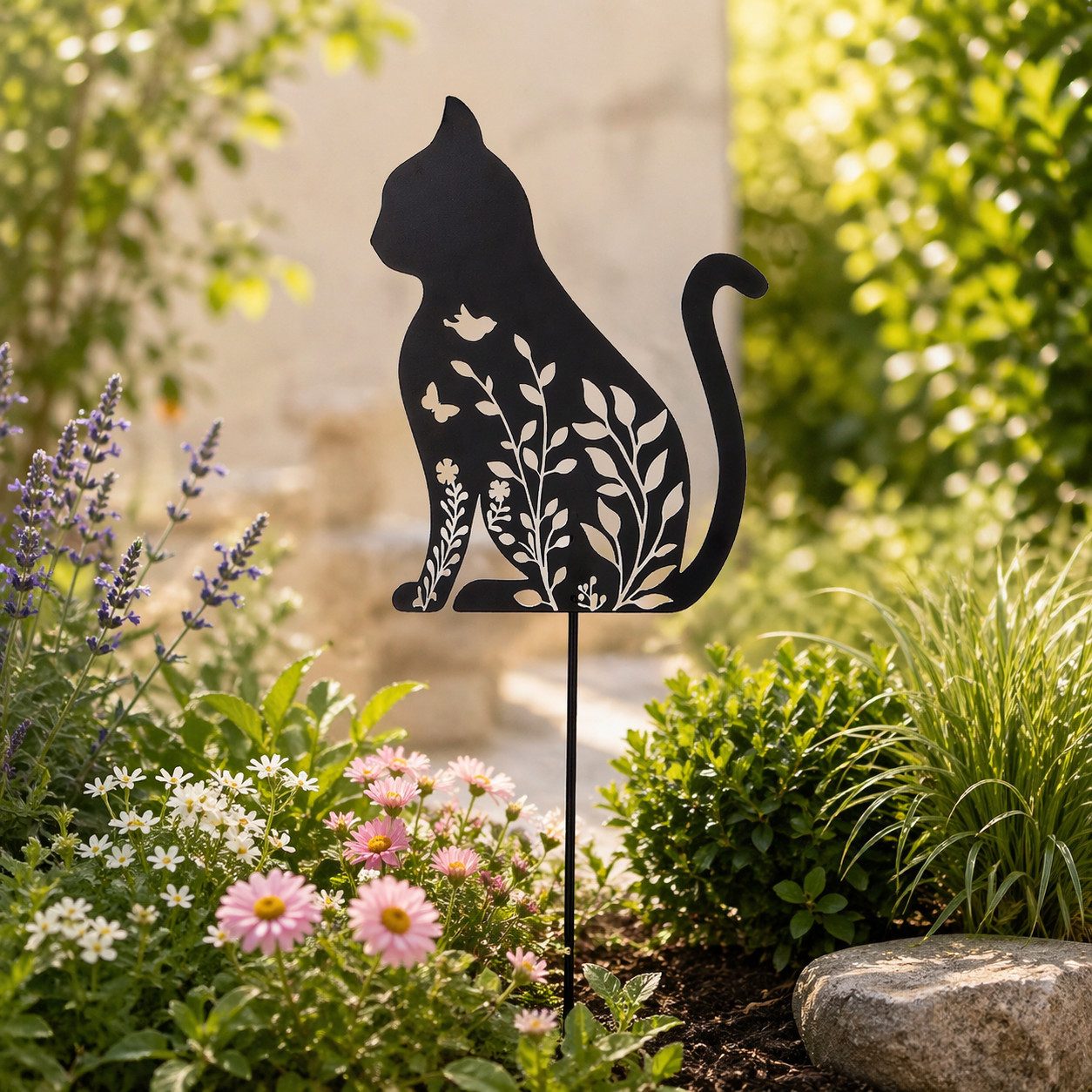 GILDE Gartenstecker GILDE Gartenstecker Petala, Katze, Metall, schwarz matt, 45 cm (1-St) Blumenmotiv