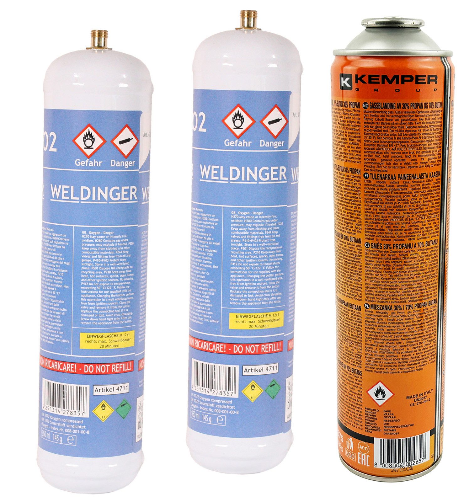 WELDINGER Gas Set 2x Sauerstoff 1 Liter M12x1 rechts 1x Brenngas Supergas 600 ml, Sauerstoff und Mischgas im praktischen Set