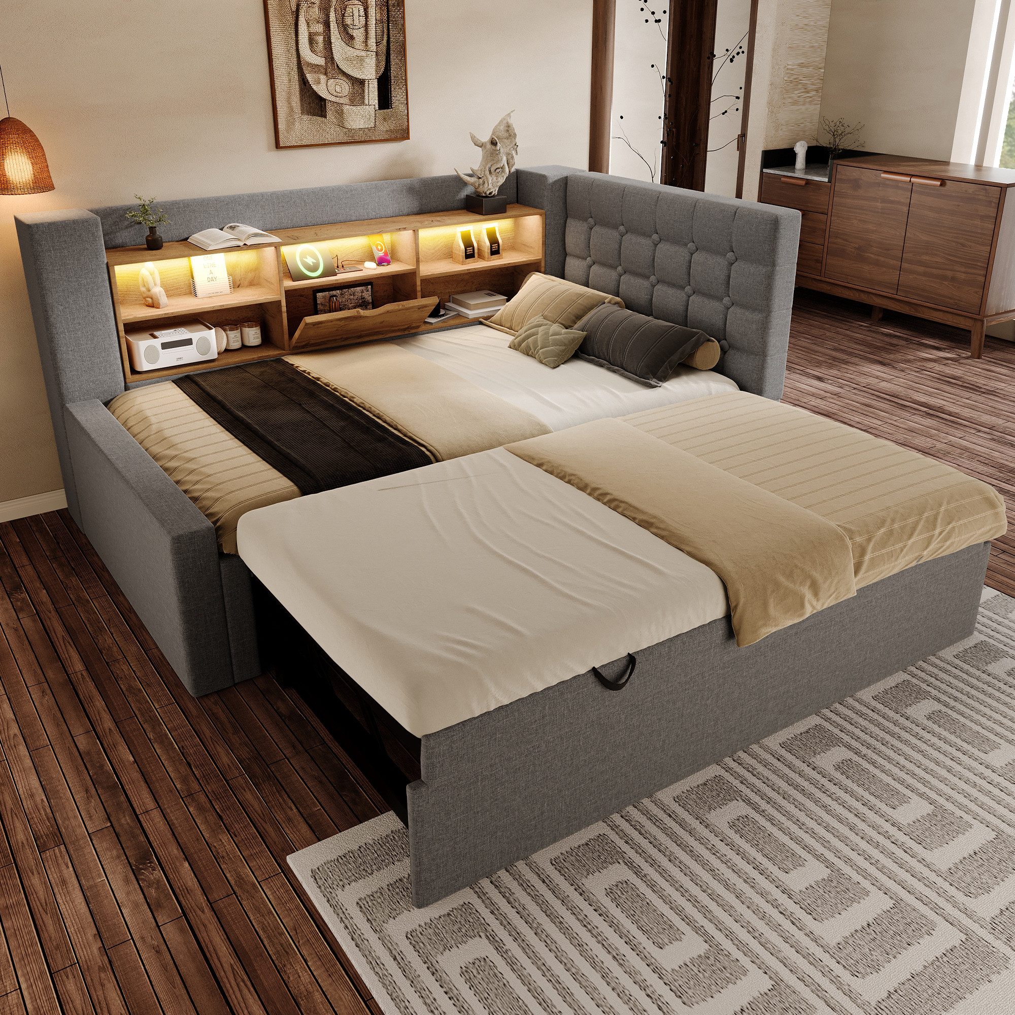 i@home Daybett Polsterbett 90×200 cm mit Ausziehbett 90×190 (LED-Beleuchtung, USB & Type-C Ladefunktion, 1 tlg), Daybed Leinen Beige, Lattenrost, ohne Matratze