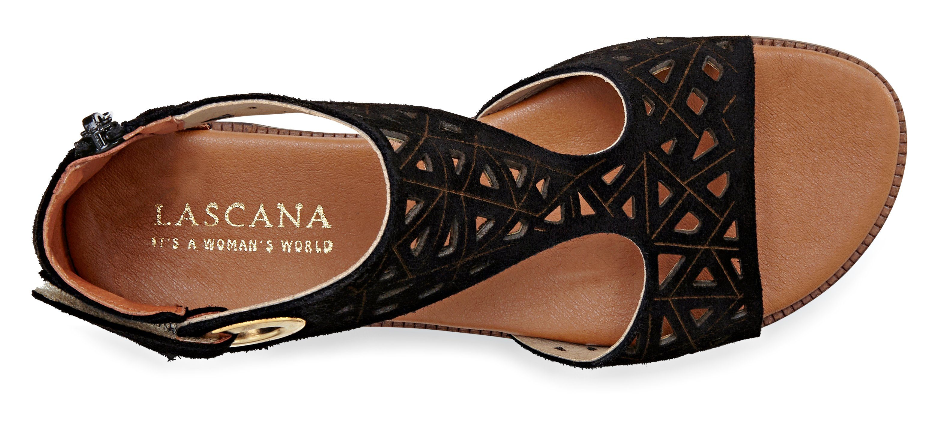 aus Sandalette, Cut-Outs schwarz Sommerschuh hochwertigem Sandale LASCANA mit Leder