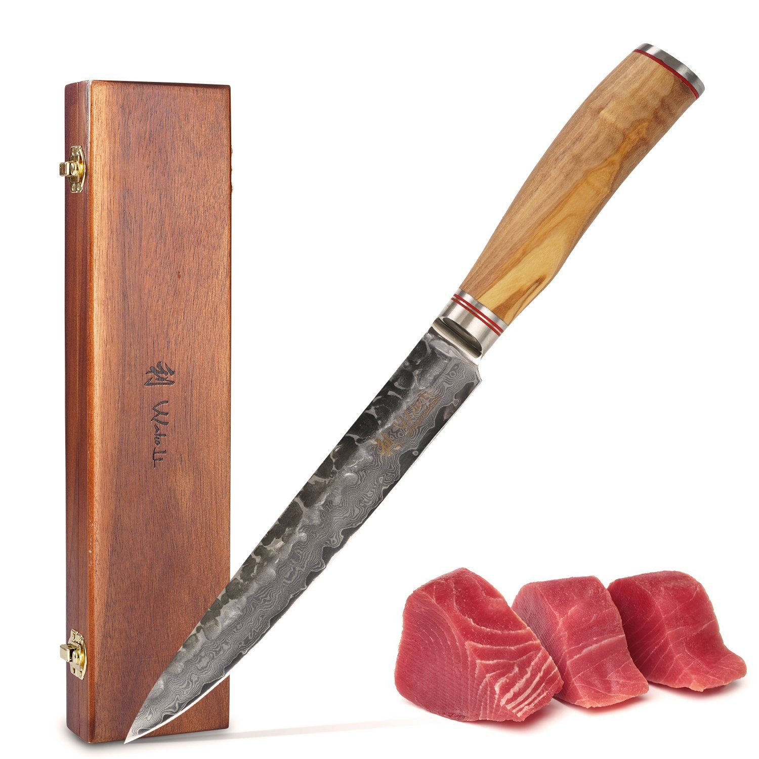 Wakoli Fleischmesser Wakoli Damast Fleischmesser I 20cm Klinge I Olivenholzgriff und Hammer