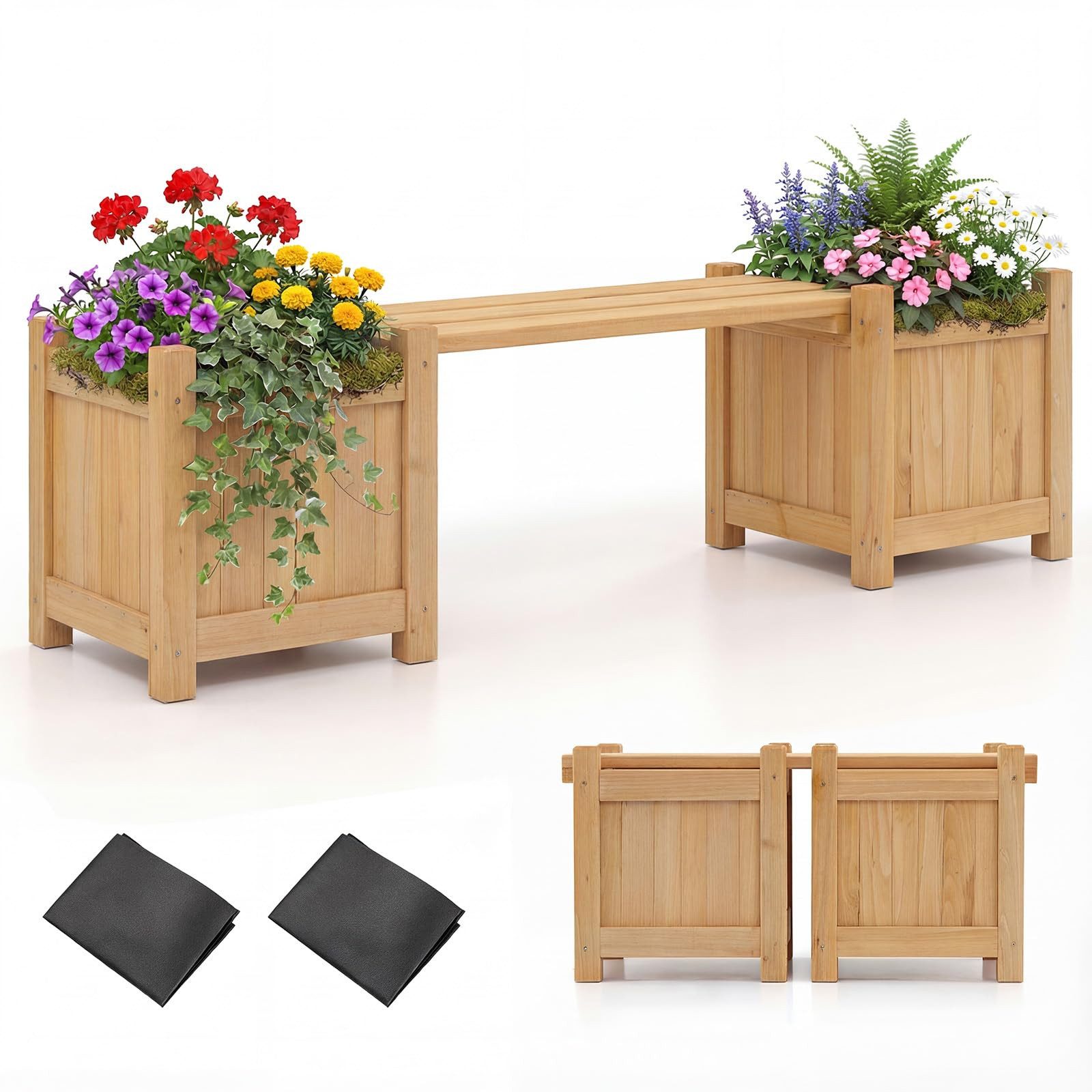COSTWAY Blumenkasten (1 St), Holzbank mit 2 seitlichen Pflanzkästen, 2-Sitzer Sitzbank