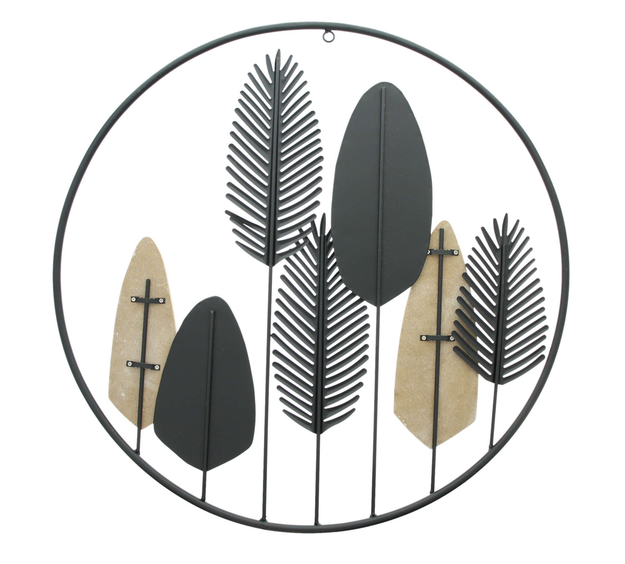 Dekoleidenschaft Wandbild "Blätter" aus Metall schwarz & Holz, Wandbild, Wandschmuck, Metallbild, Wanddekoration Ø 56 cm, Wandobjekt, Hängedeko