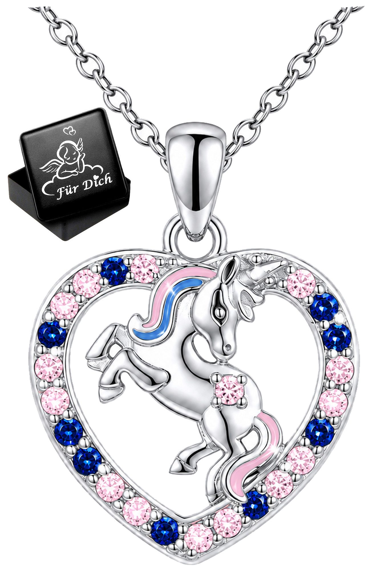 Limana Kette mit Anhänger feine Mädchen Halskette 925 Silber Pferd Einhorn Herz Schmuck (inkl. Schmuckdose), Geburtstag Einschulung Schulanfang Ostern Weihnachten Ostern