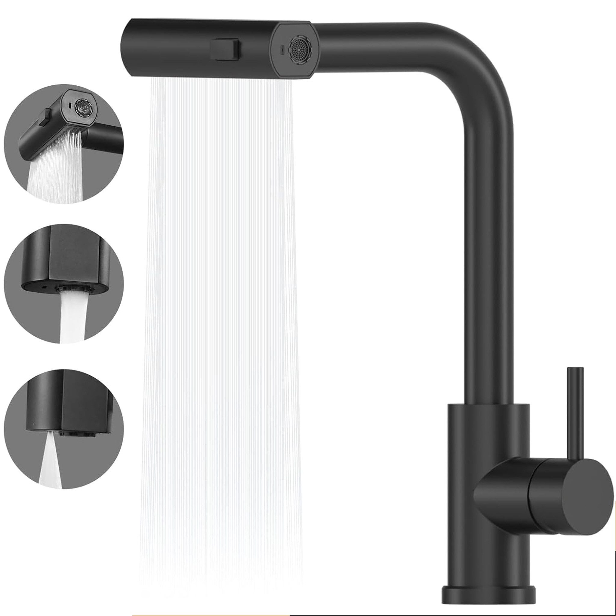 HOMELIVE Küchenarmatur Ausziehbar 360°Schwenkbar Drei Sprühfunktionen Spültischarmatur Küche mischbatterie ausziehbar Küchen-Einhandhahn,Schwarz