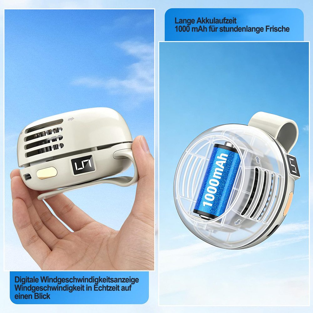 Mrilary Handventilator handfreier Clip- und Taillenventilator,Mini USB-C Wiederaufladbar, 5 Geschwindigkeiten, LED-Digitalanzeige,für Outdoor, Reisen und Büro