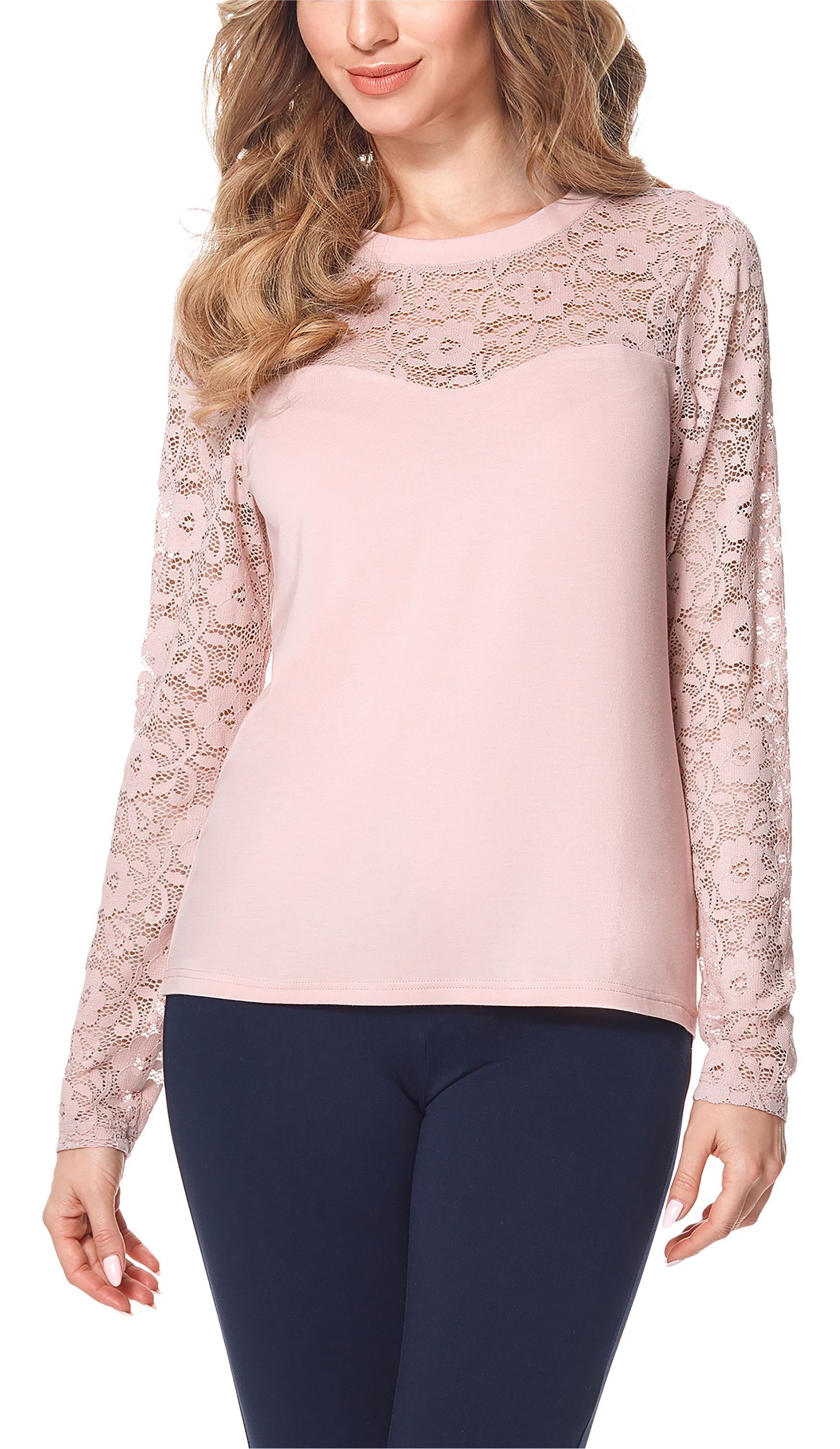 Bellivalini T-Shirt Damen Shirt Spitzenbluse BLV50-133 (1-tlg) Pulver Rosa