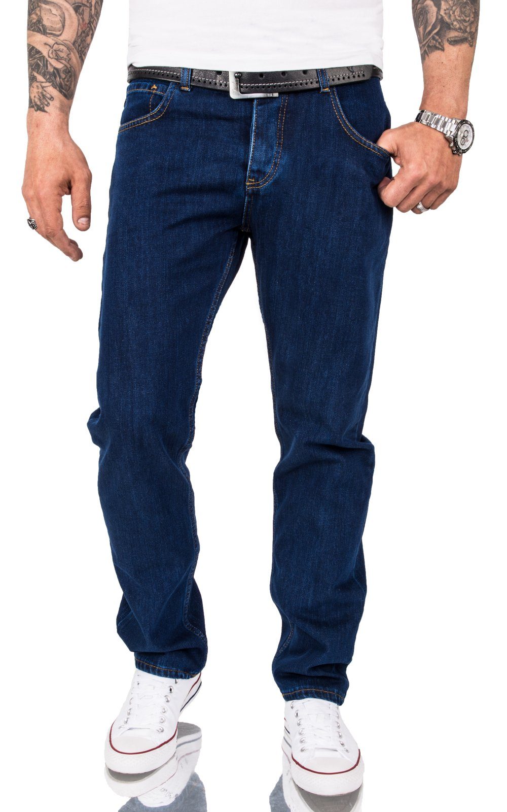 Straight-Jeans Herren Jeans Rinsedwashed Dunkelblau RC-3100