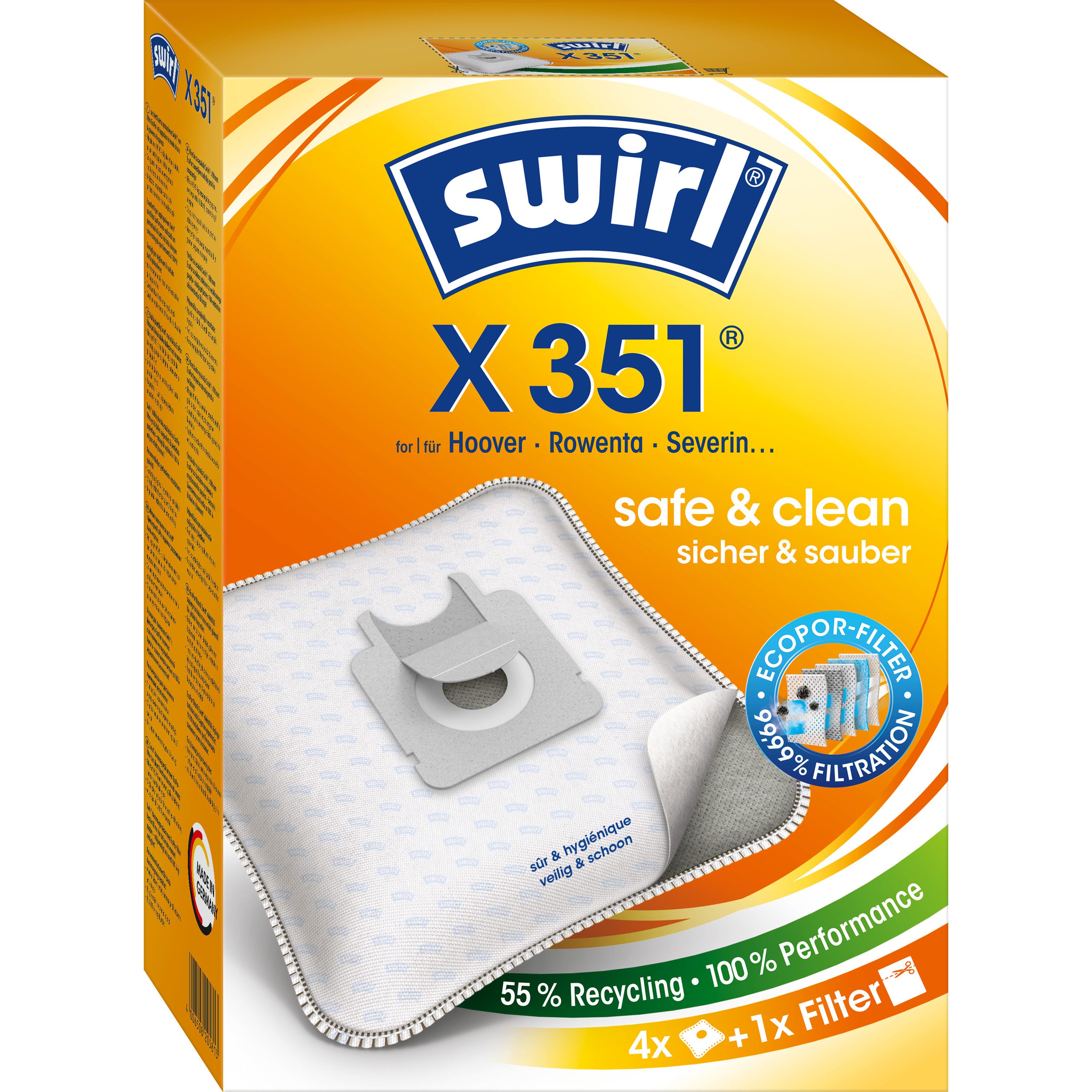 Swirl Staubsaugerbeutel Swirl X351 X 351, passend für Hoover LIV Staubsauger, inkl. 1 Filter - zuschneidbar, 4 St., Optimale Passform, EcoPor Qualität für lange Nutzungsdauer