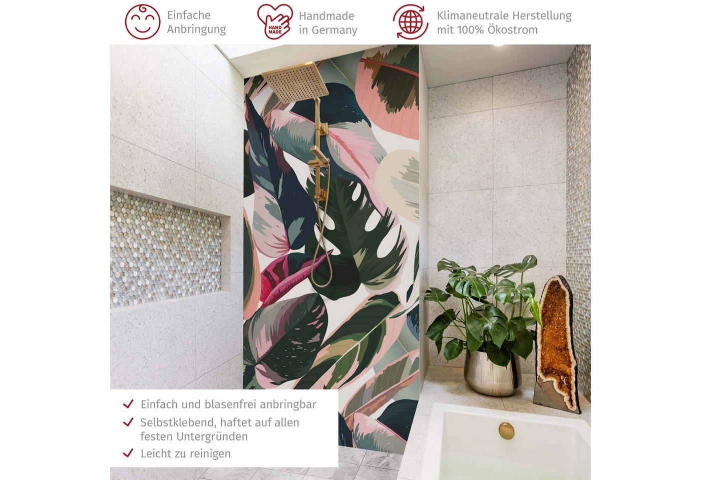Thumbnail - Bilderdepot24 Badrückwand Muster grün Duschrückwand ohne Bohren Dusche Tropisch, (1-tlg., Hart-Folie Premium matt 0,61 m...